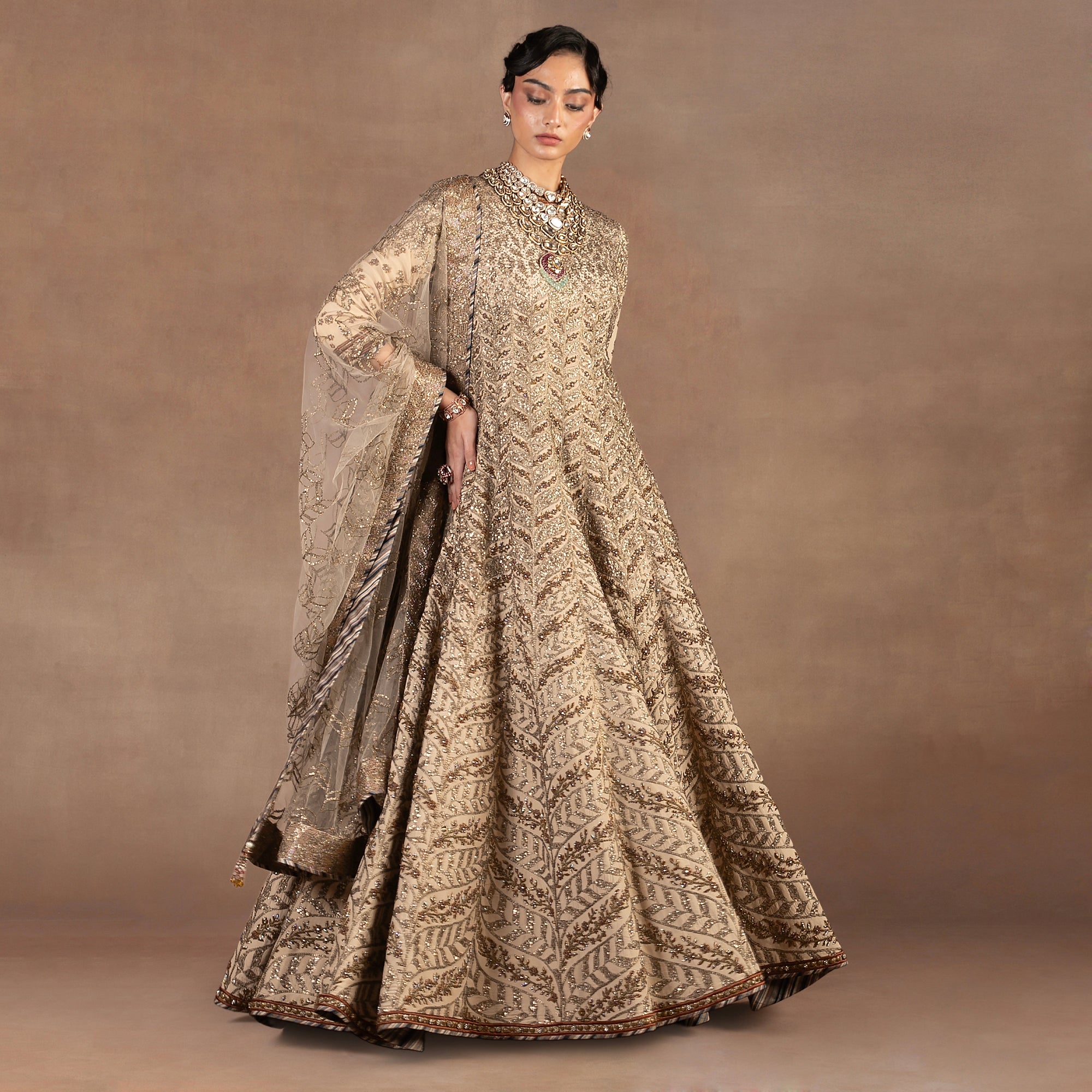 Almond Ivory Chevron Anarkali Set | EAST
