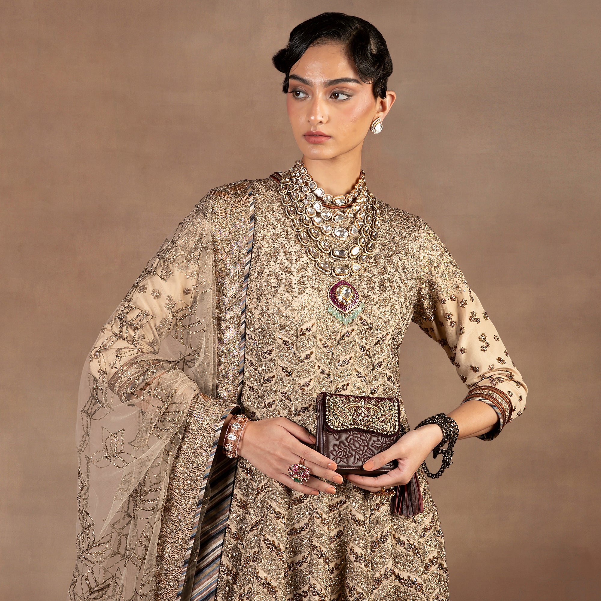 Almond Ivory Chevron Anarkali Set | EAST
