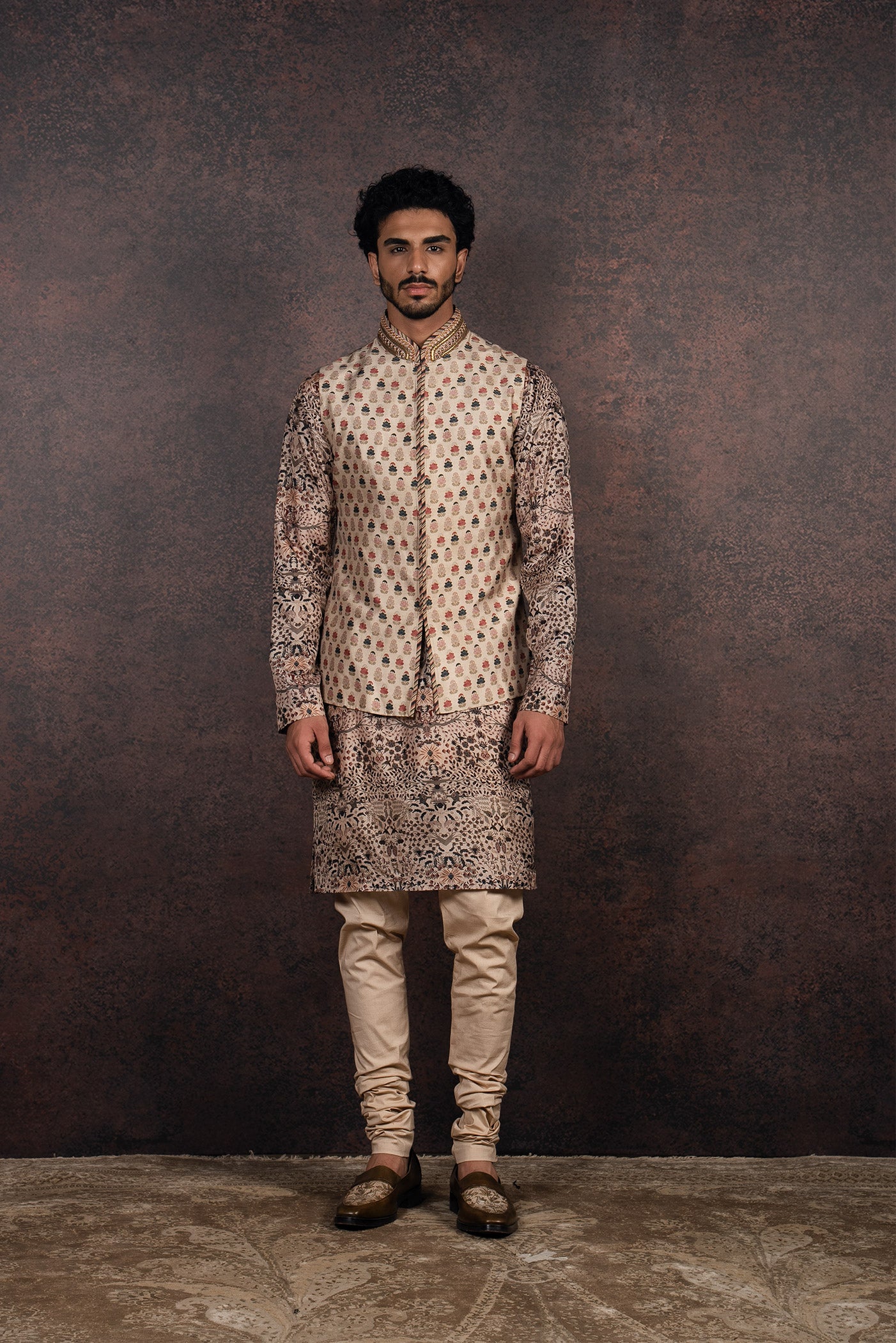 Almond Printed Nehru Jacket Set | MURAQQA