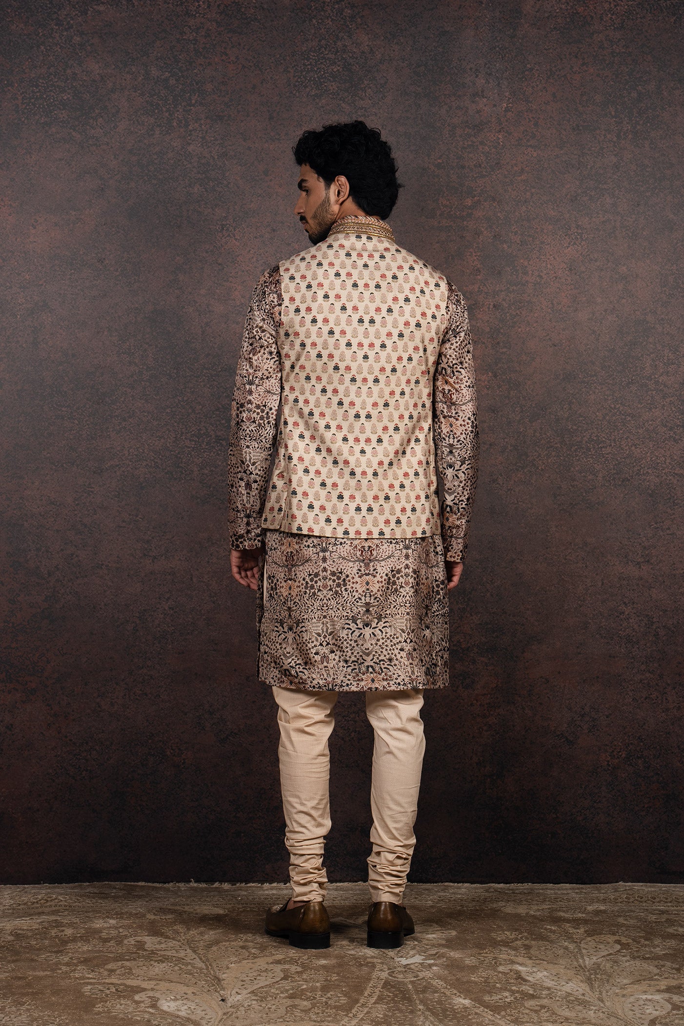 Almond Printed Nehru Jacket Set | MURAQQA