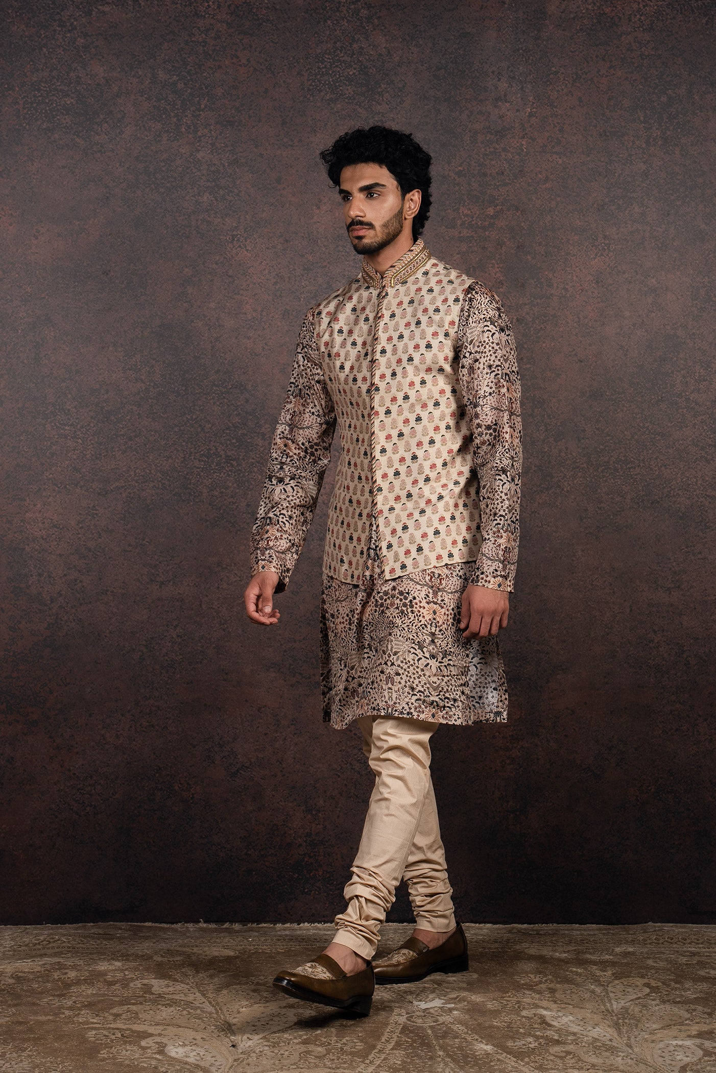 Almond Printed Nehru Jacket Set | MURAQQA