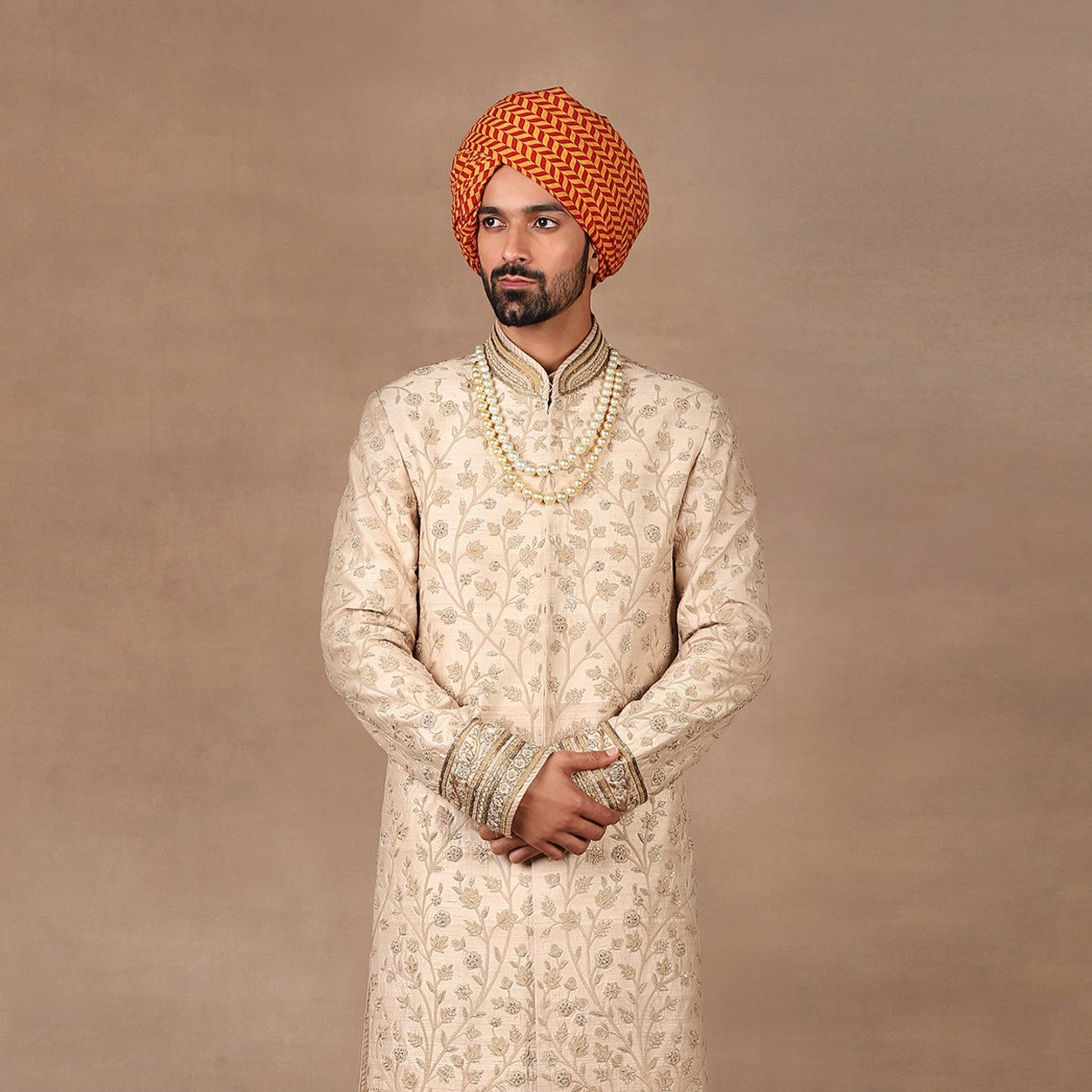 Amber Yellow - Red Chevron Printed Safa | MURAQQA