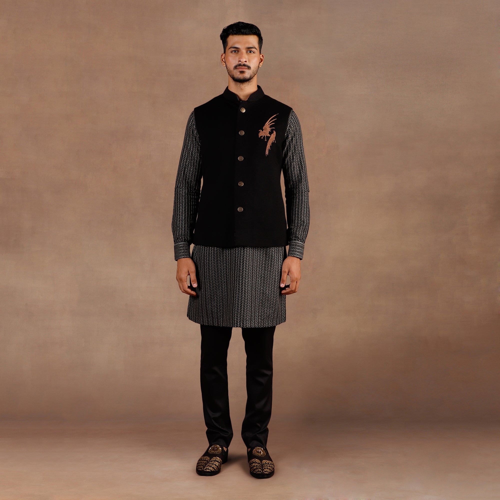Black- Chevron Nehru Jacket Set | EAST
