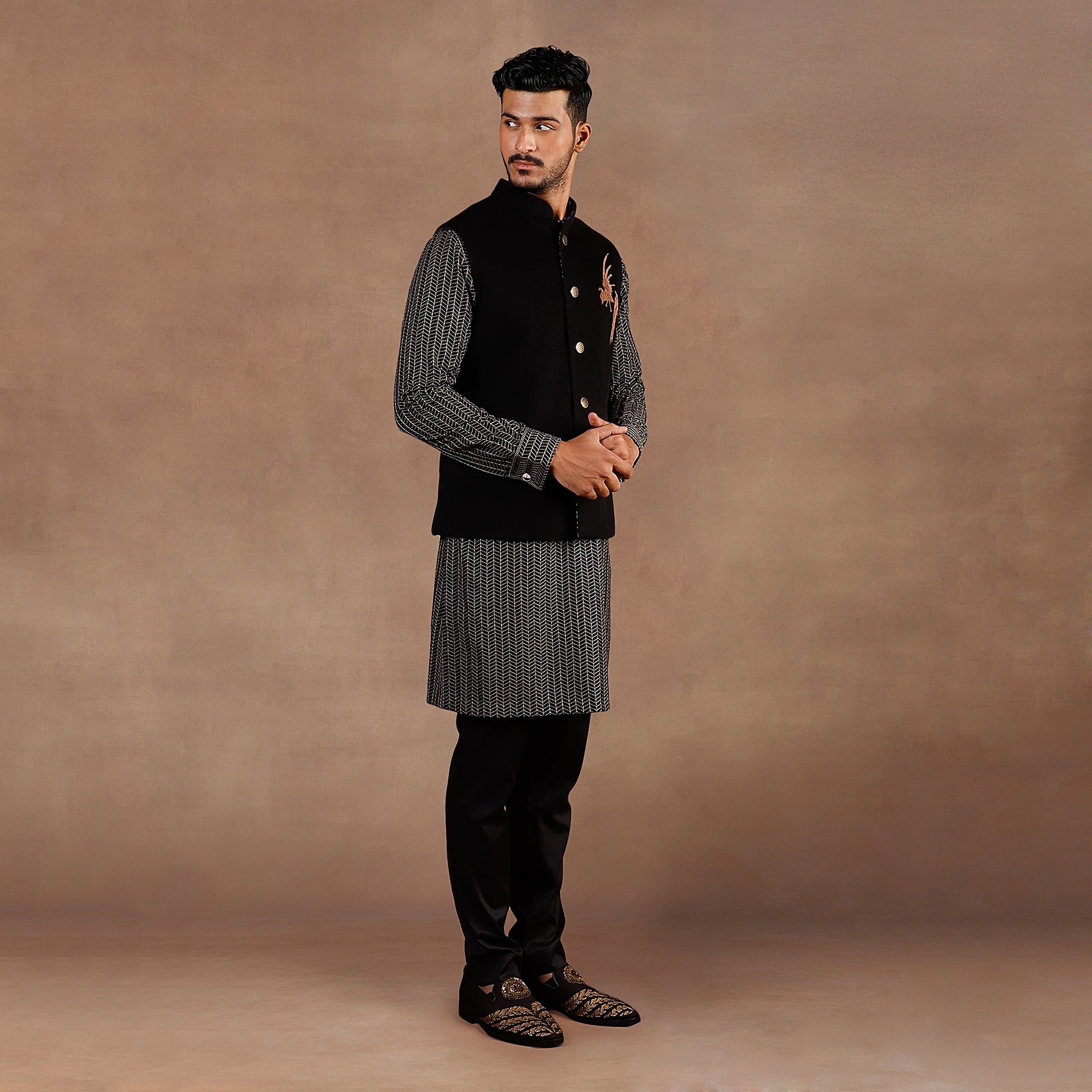 Black- Chevron Nehru Jacket Set | EAST