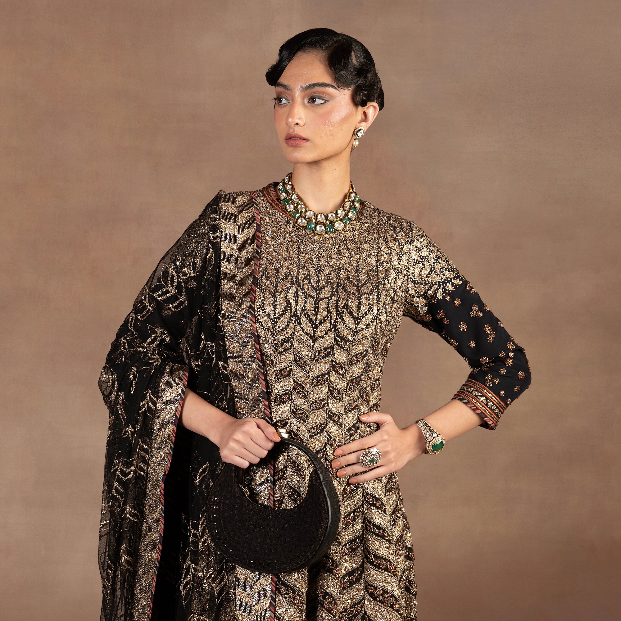 Black - Gold Chevron Anarkali Set | EAST