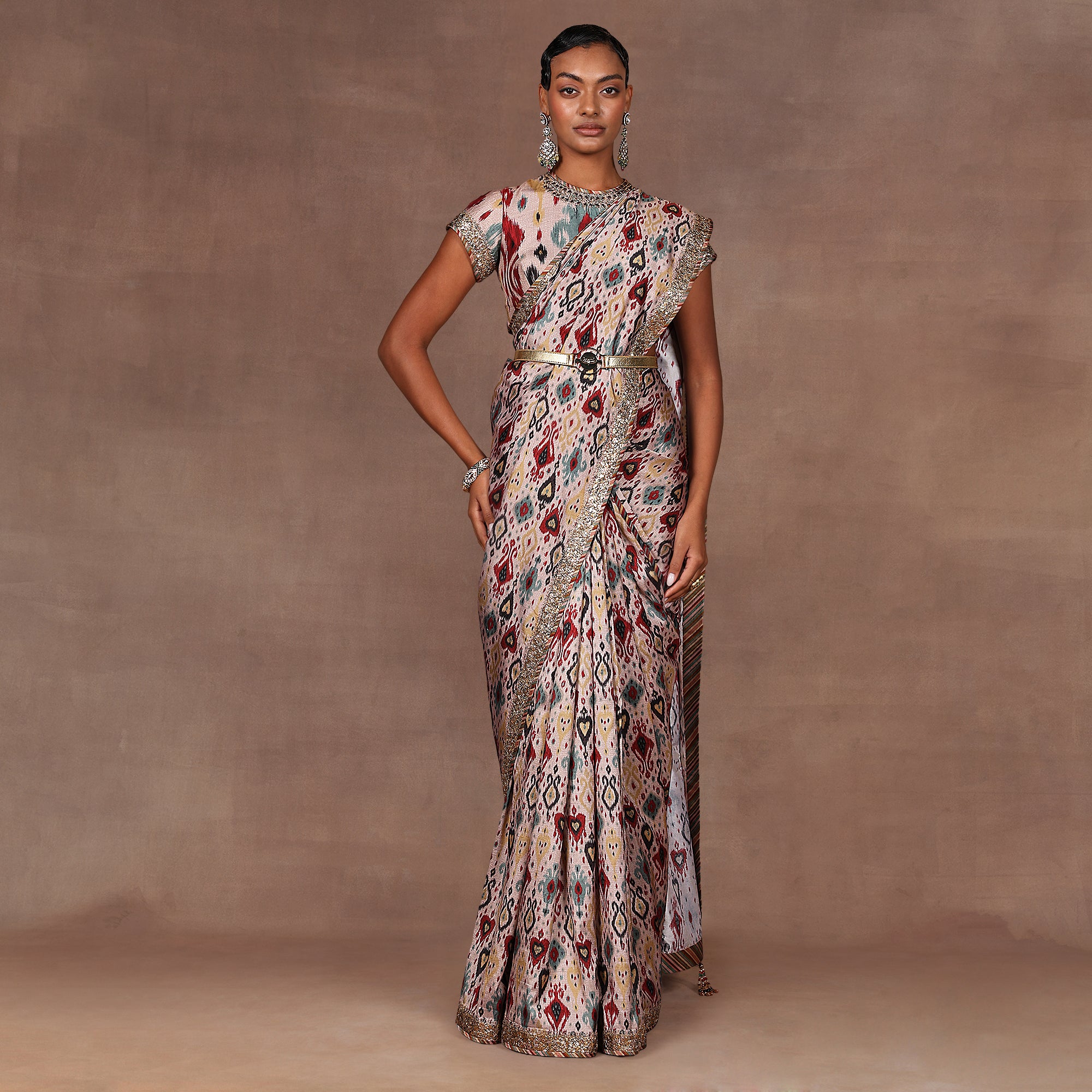 Blush Taupe Ikat Print Saree Set | EAST