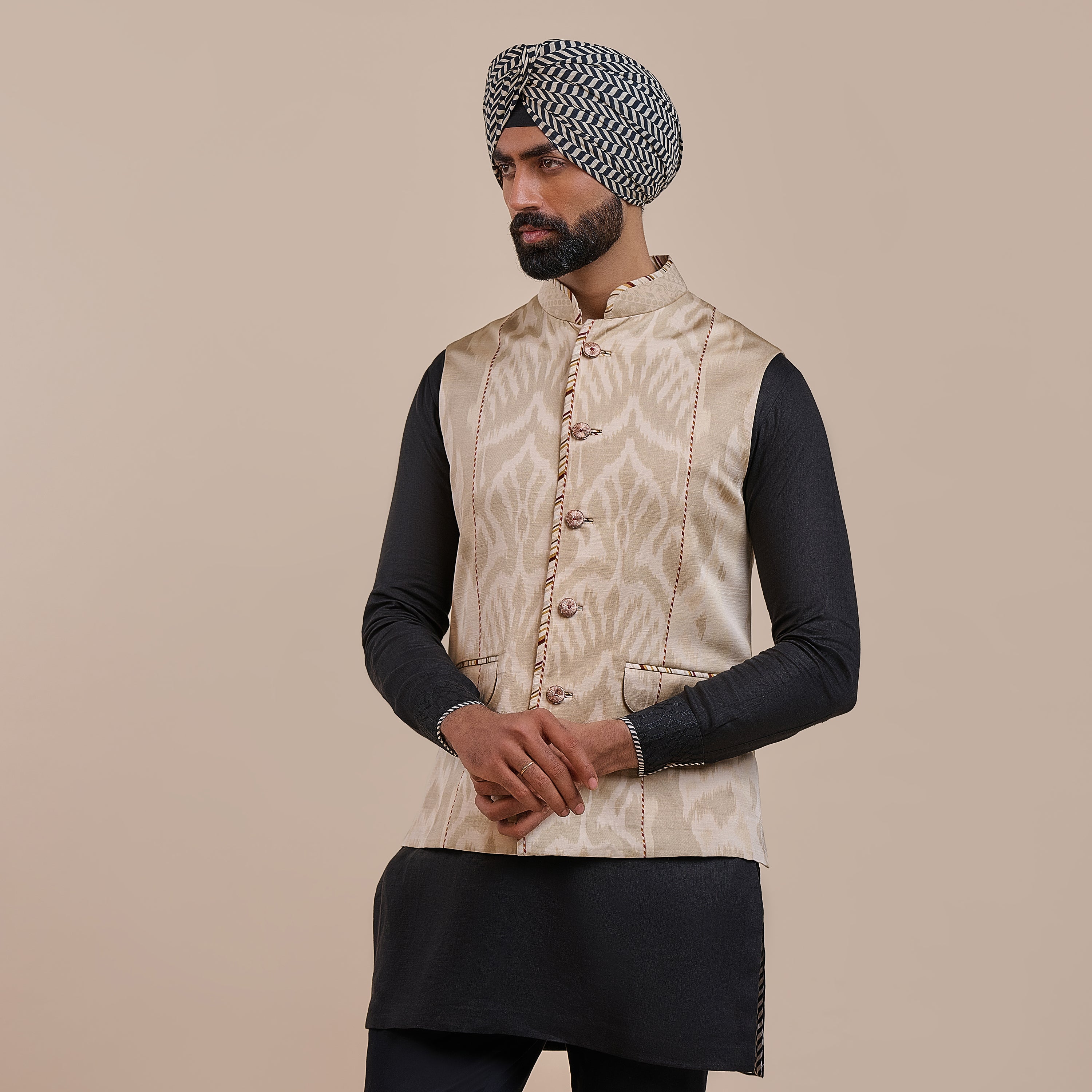 Crème Ivory Ikat Nehru Jacket | ATTH
