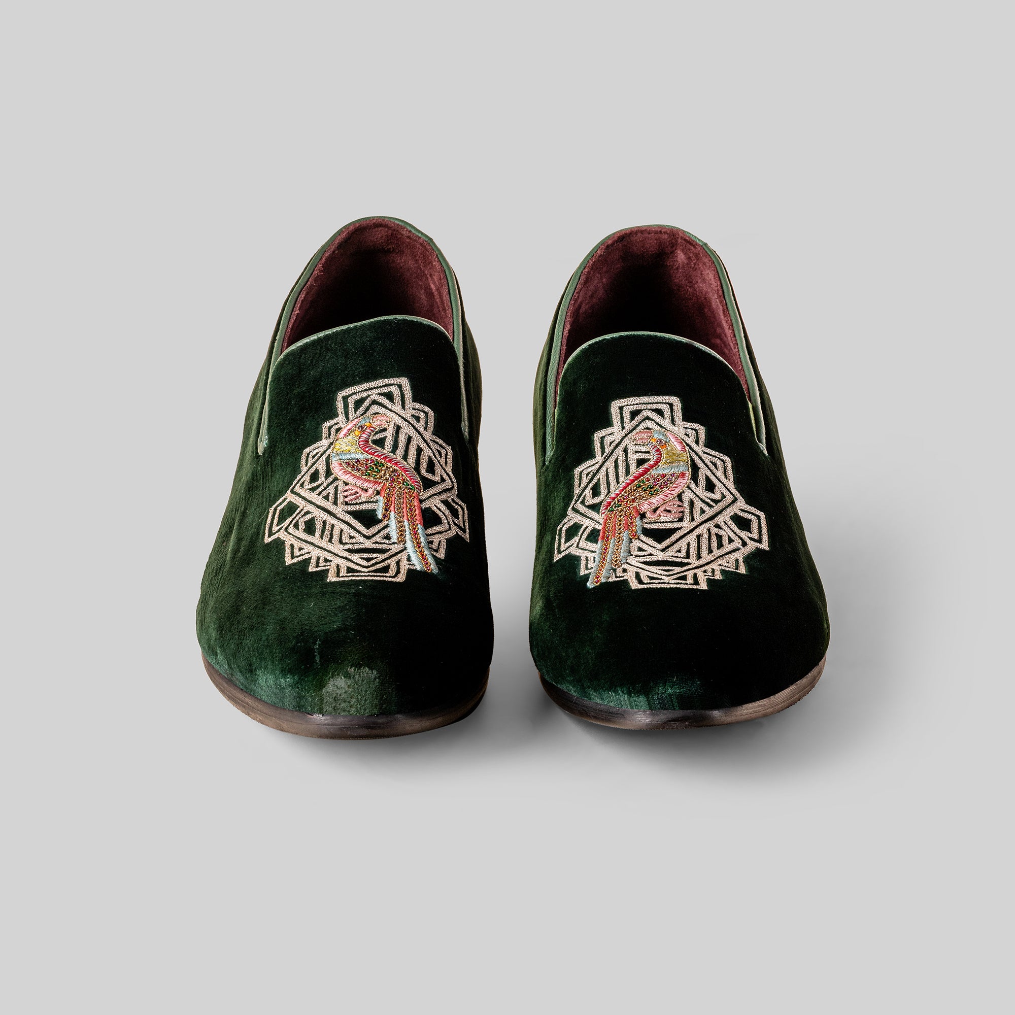 Emerald Velvet Embroidered Loafers