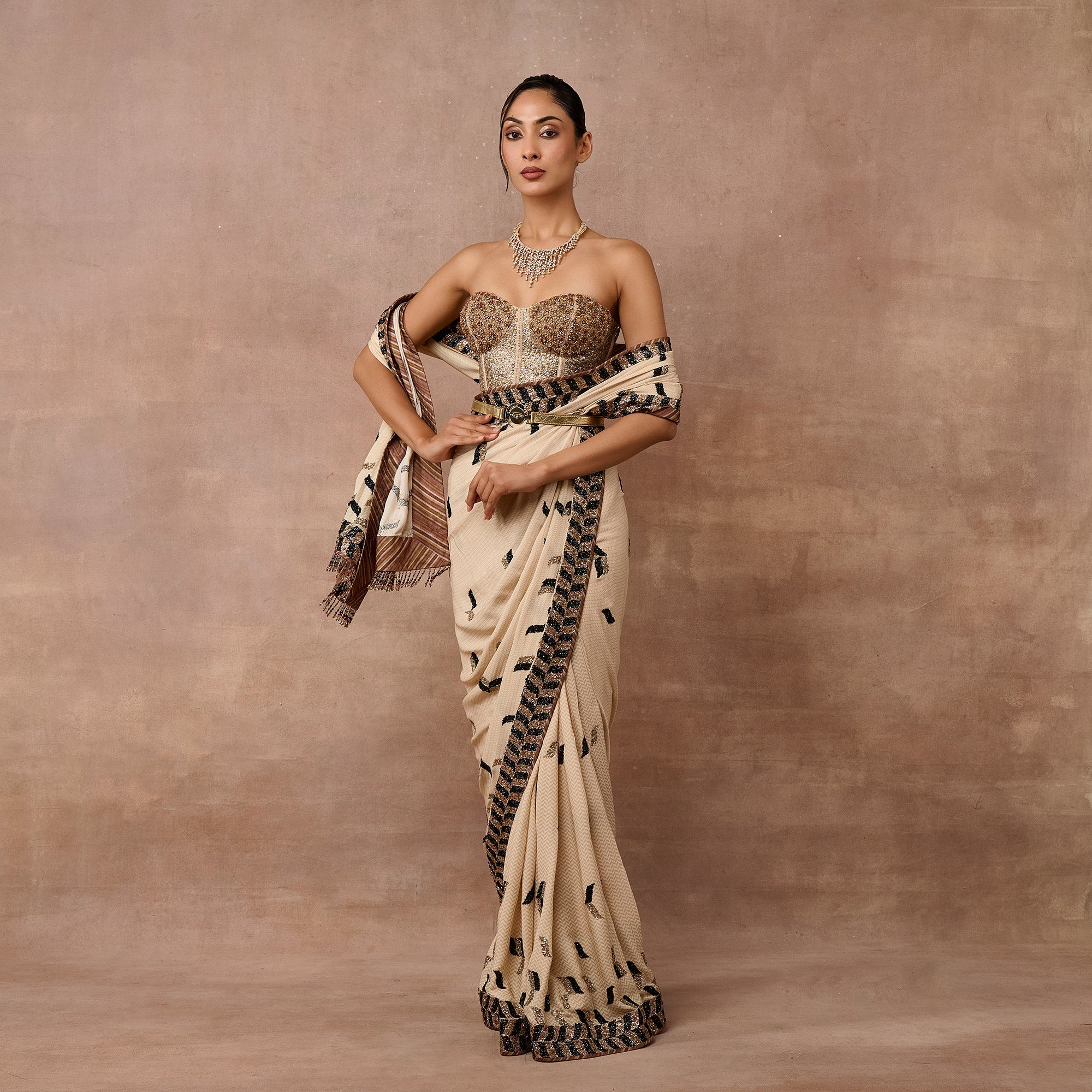 Ivory Chevron Saree Set | EAST
