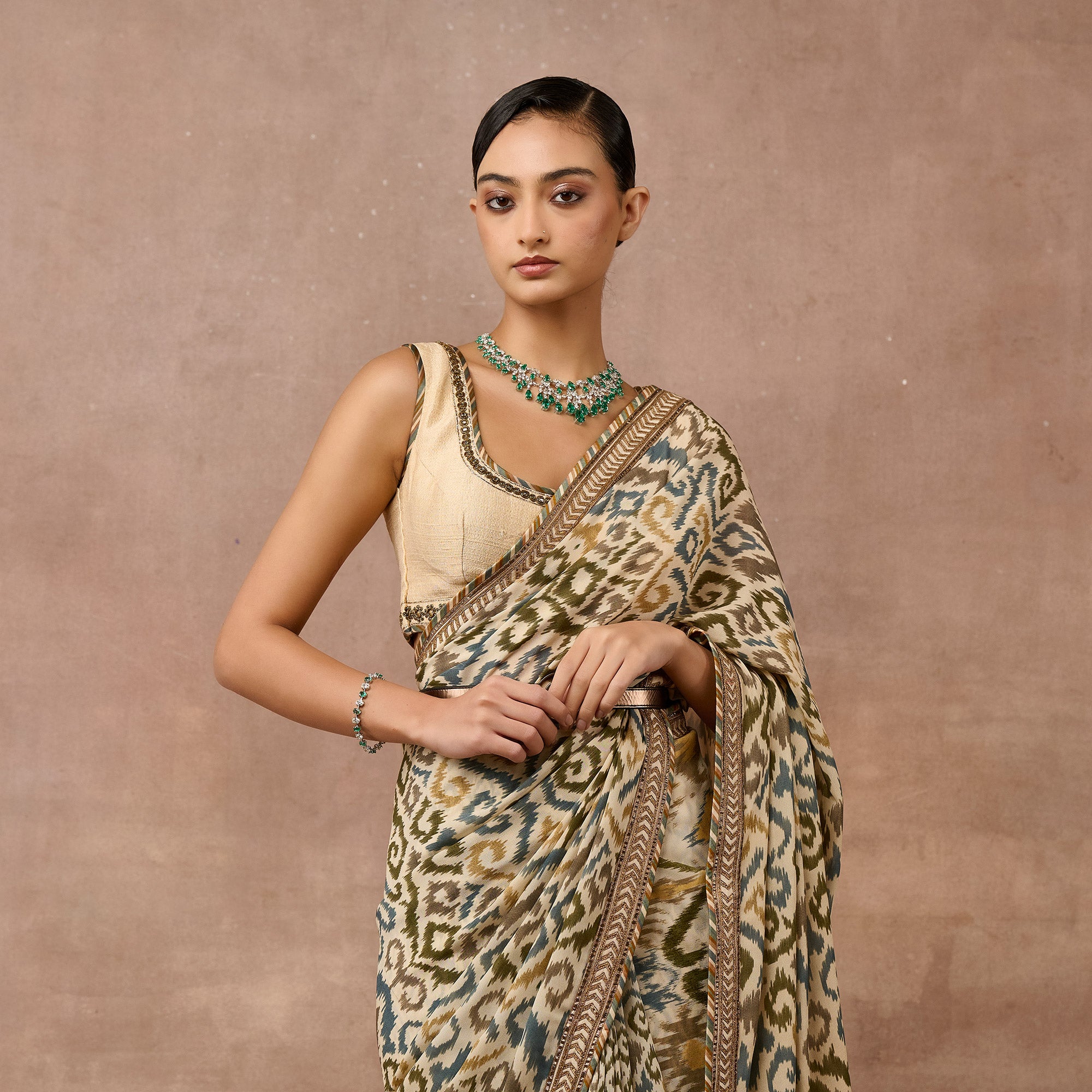 Ivory Ikat Saree Set | EAST