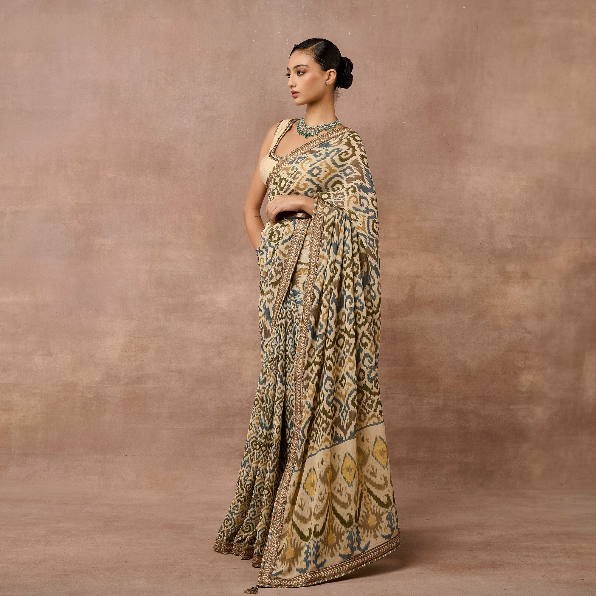 Ivory Ikat Saree Set | EAST