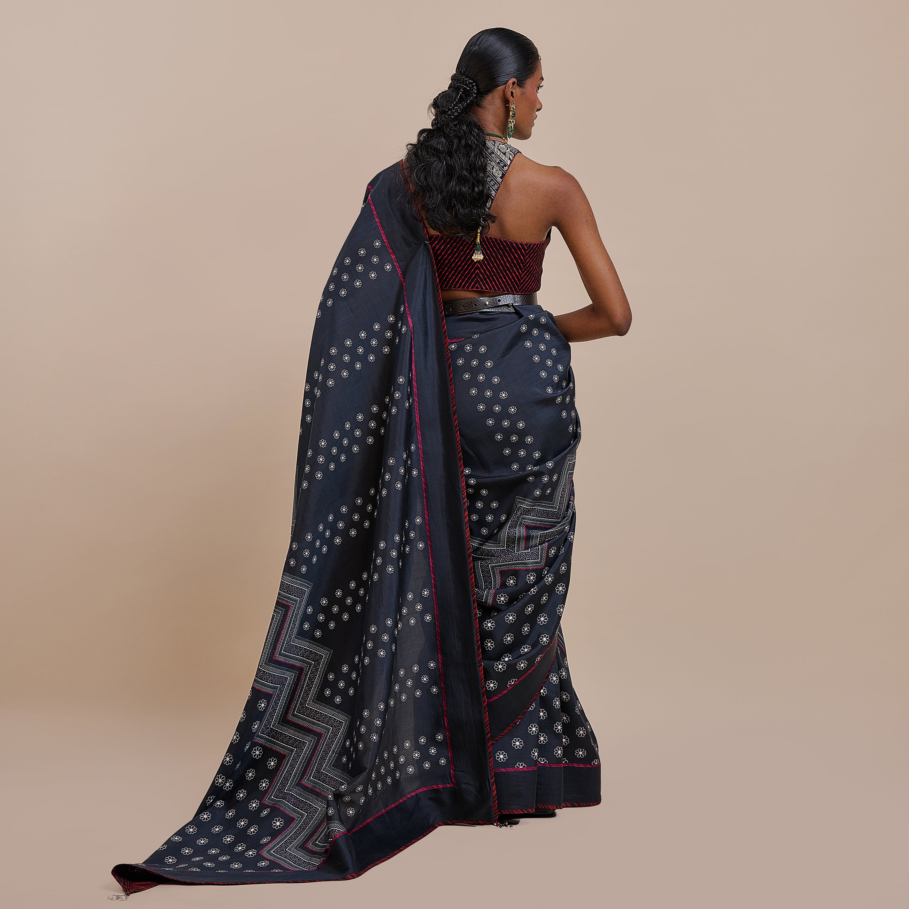 Midnight Blue - Burgundy Chevron Saree Set | ATTH