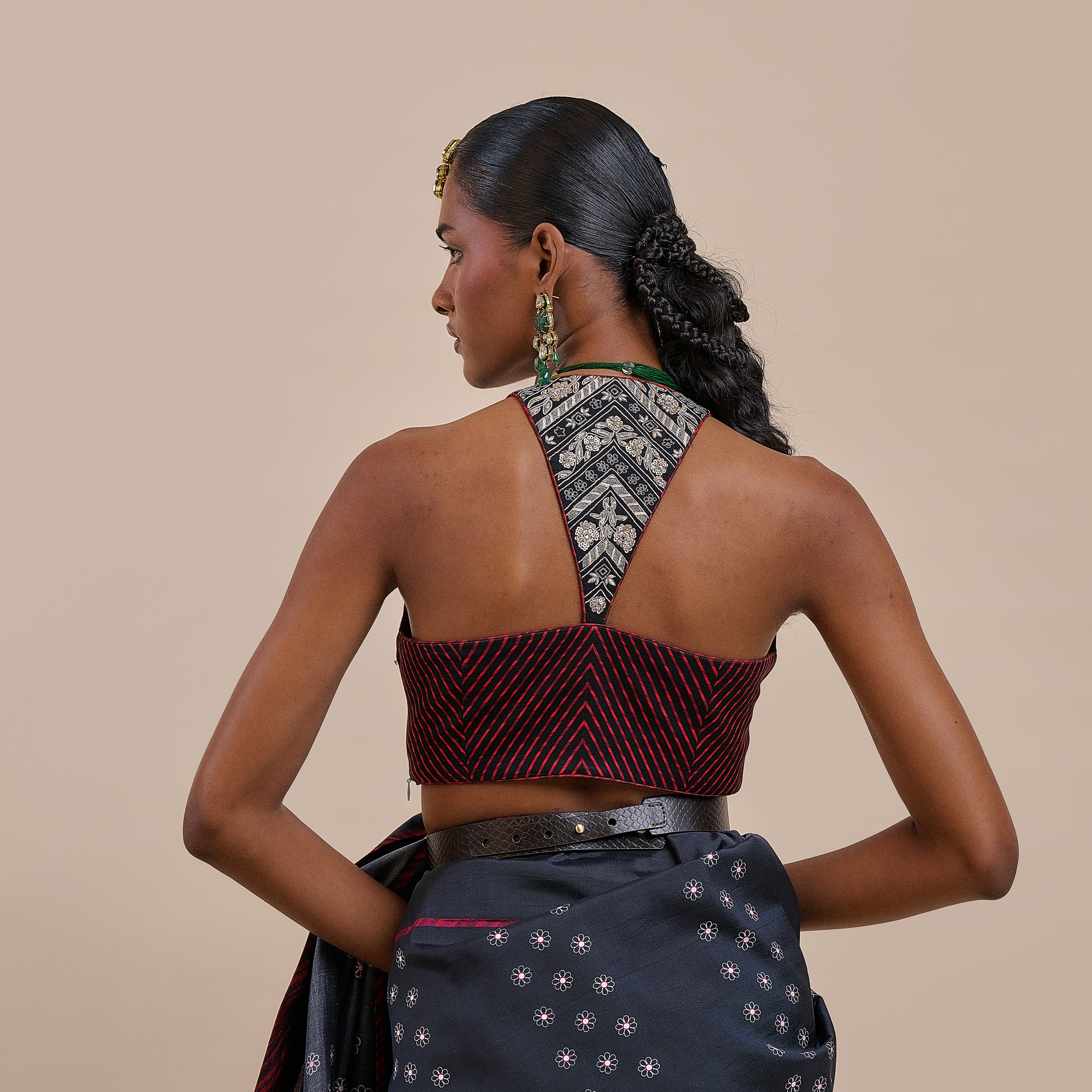 Midnight Blue - Burgundy Chevron Saree Set | ATTH