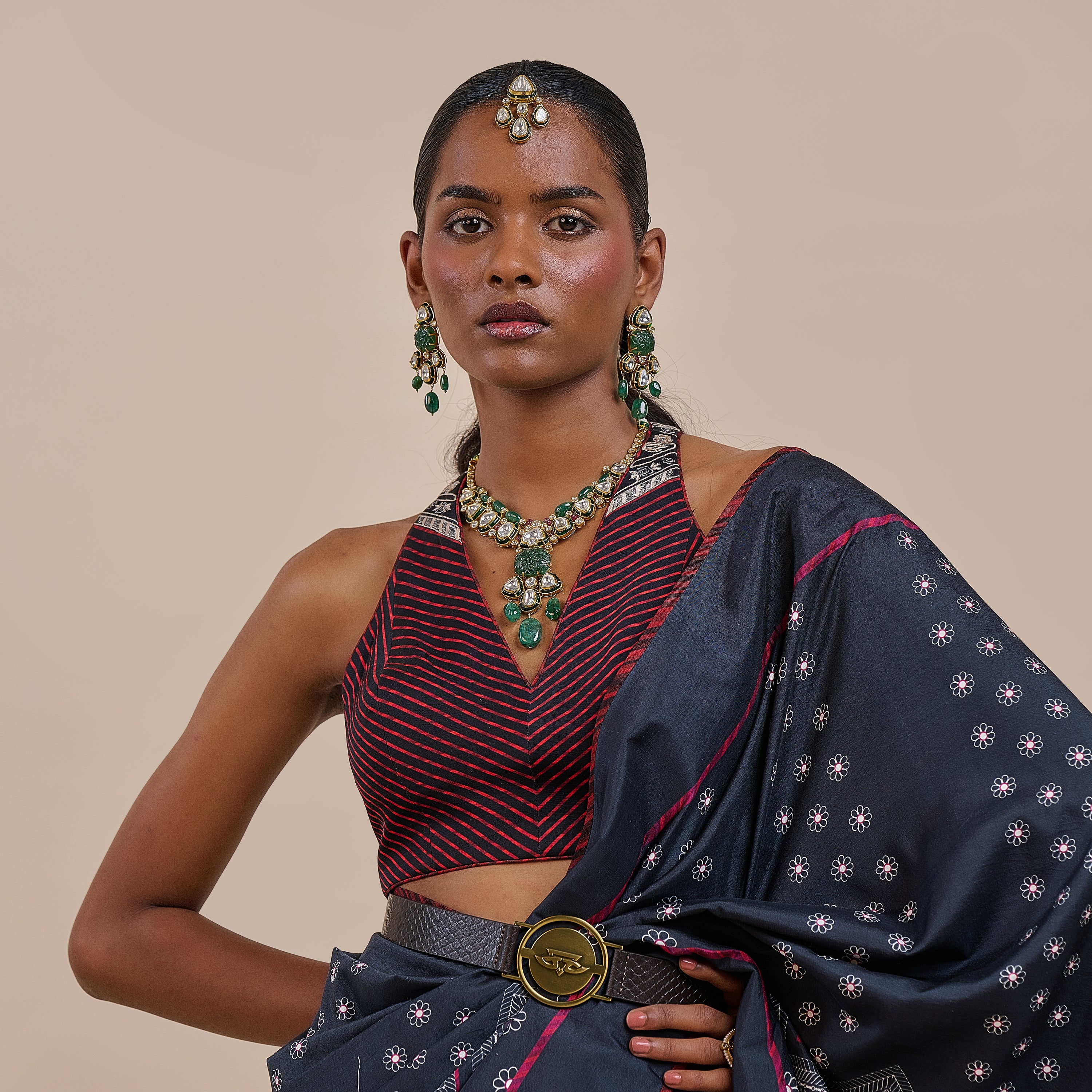 Midnight Blue - Burgundy Chevron Saree Set | ATTH