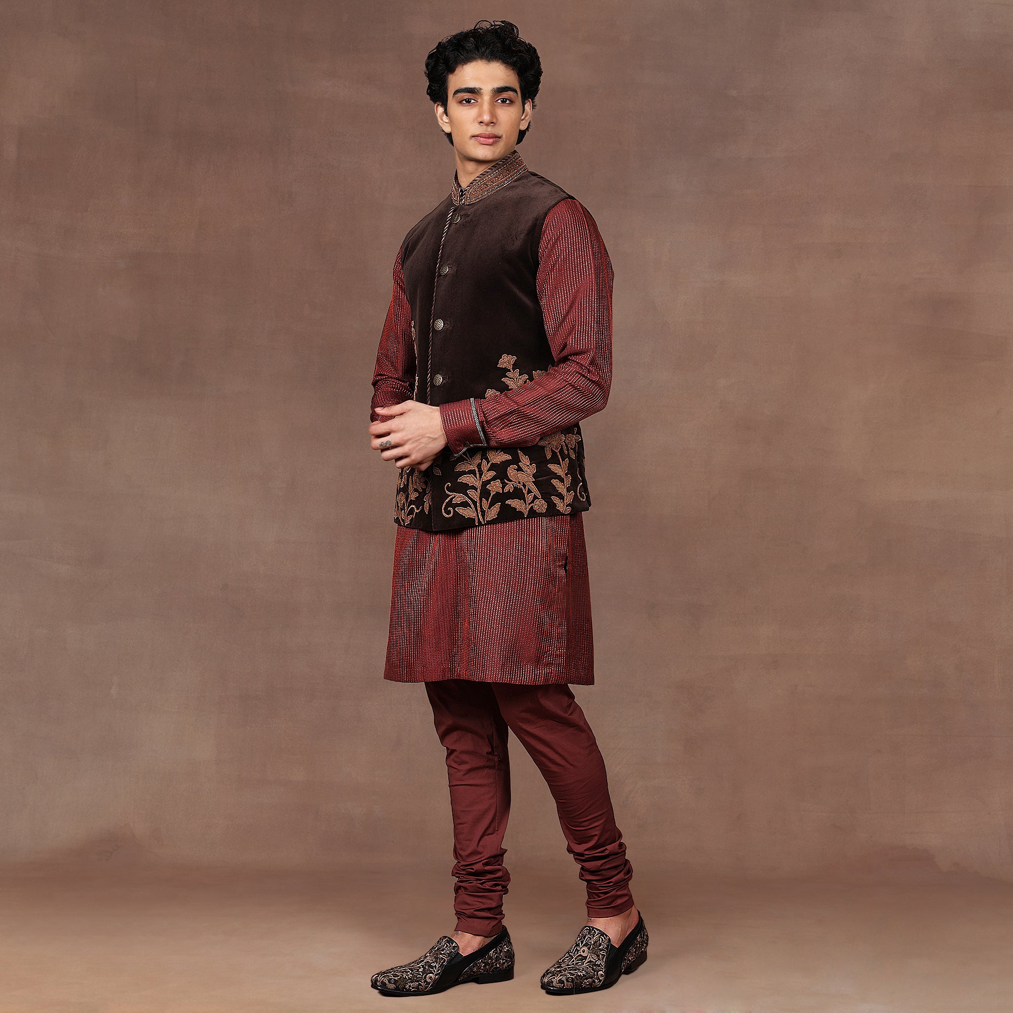 Mocha Brown - Red Nehru Jacket Set | EAST