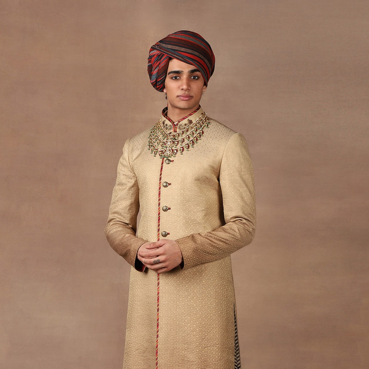 Multi Hued Red Striped Printed Safa | MURAQQA