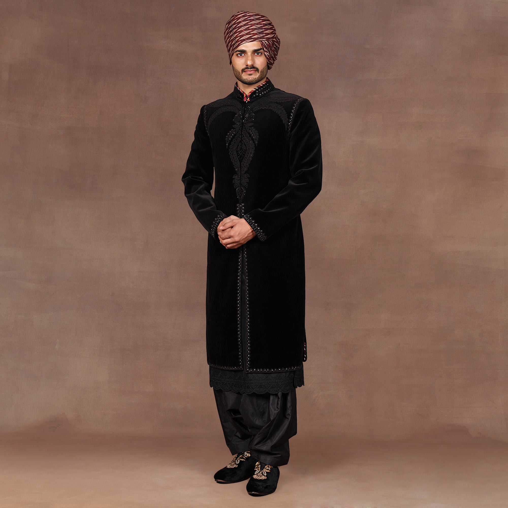 Noir Black Velvet Sherwani Set | EAST