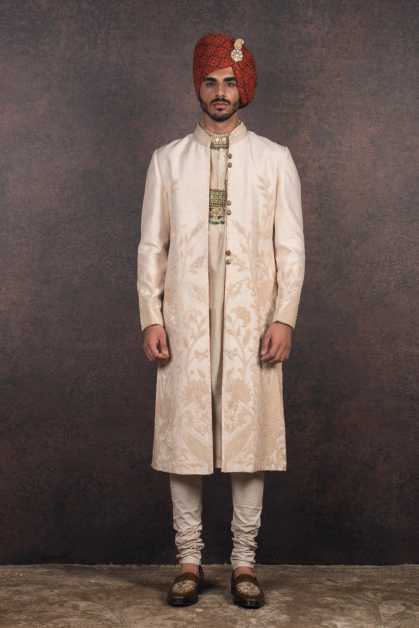 Nugrey Silk Velvet Applique Sherwani Set | MURAQQA