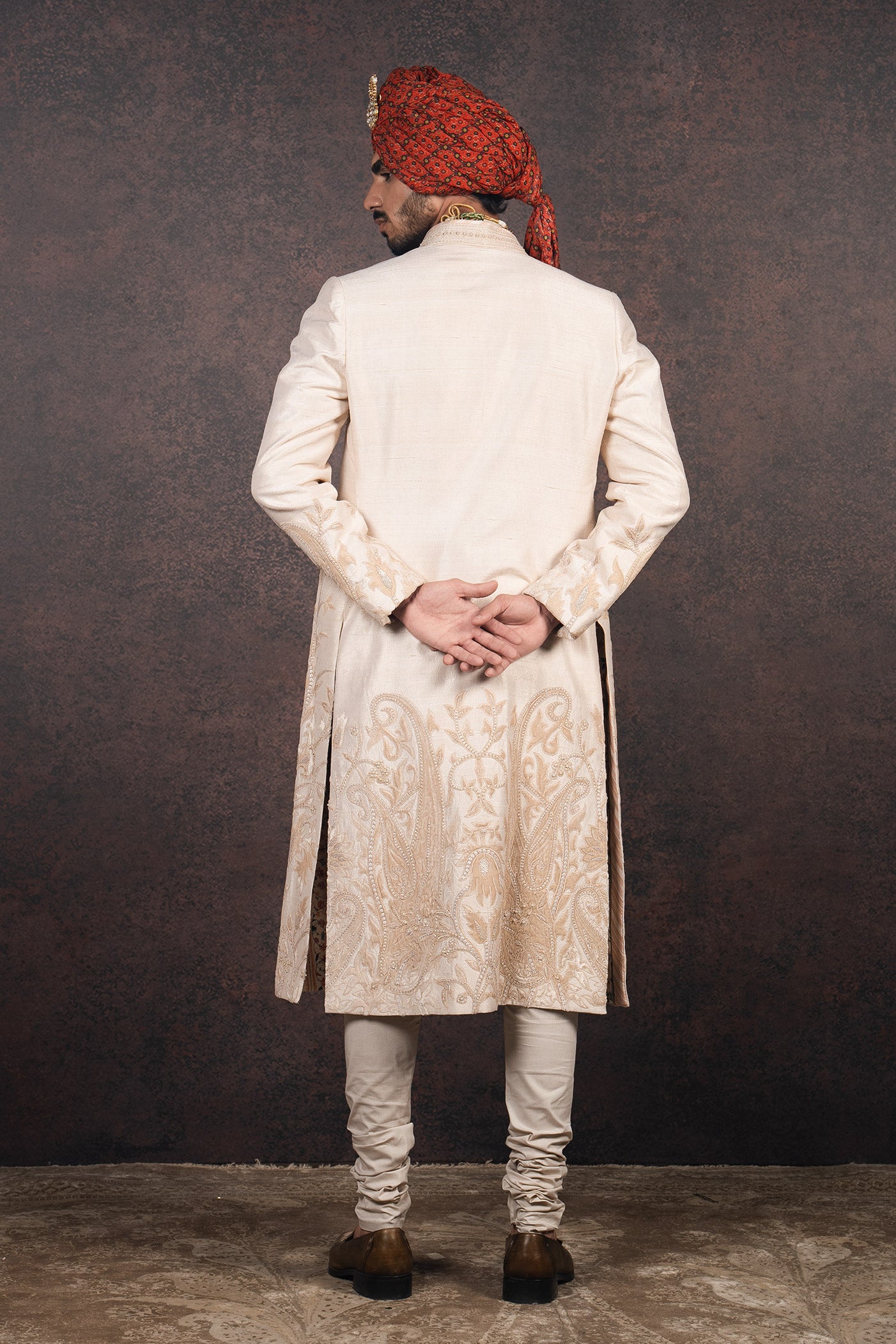 Nugrey Silk Velvet Applique Sherwani Set | MURAQQA