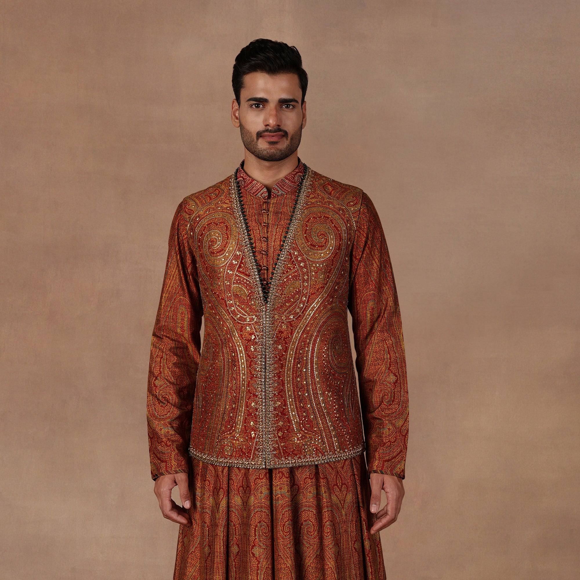 Ochre Jamawar Nehru Jacket Set | EAST
