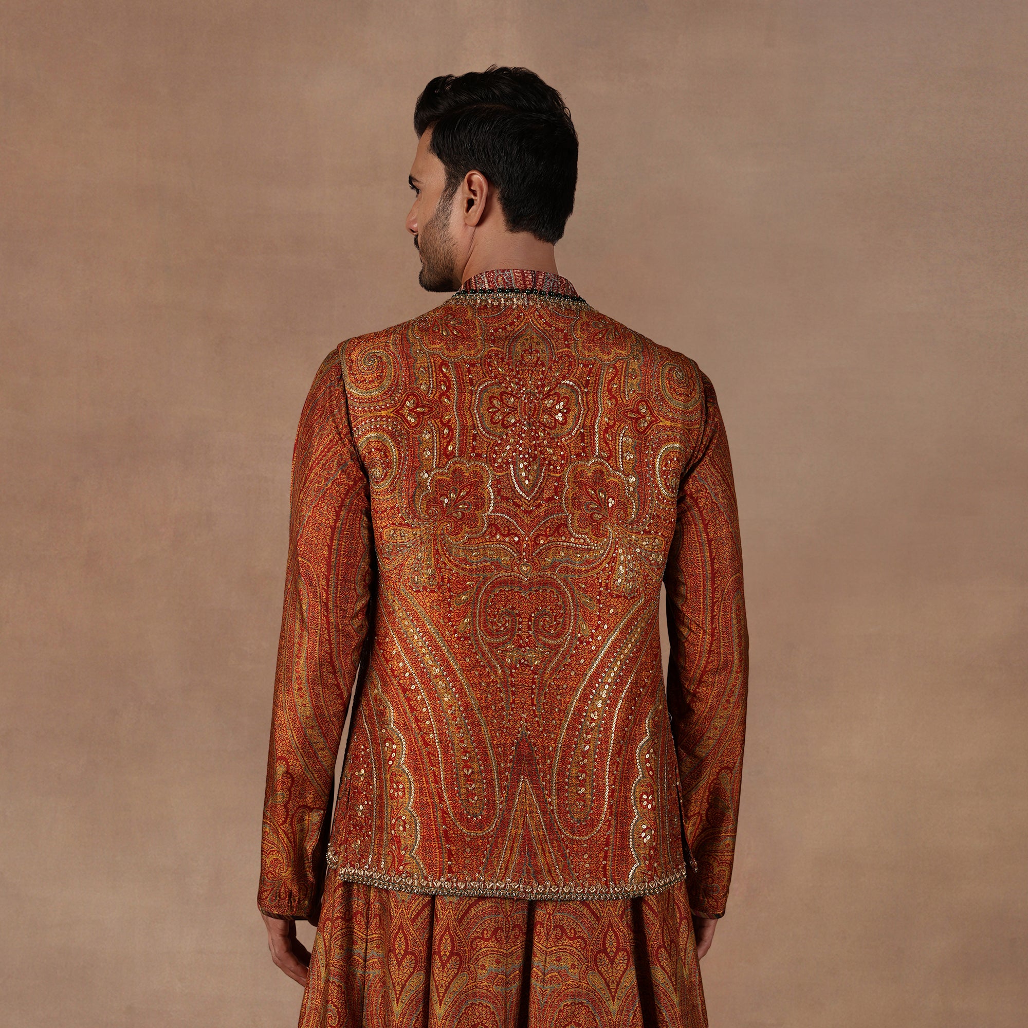 Ochre Jamawar Nehru Jacket Set | EAST