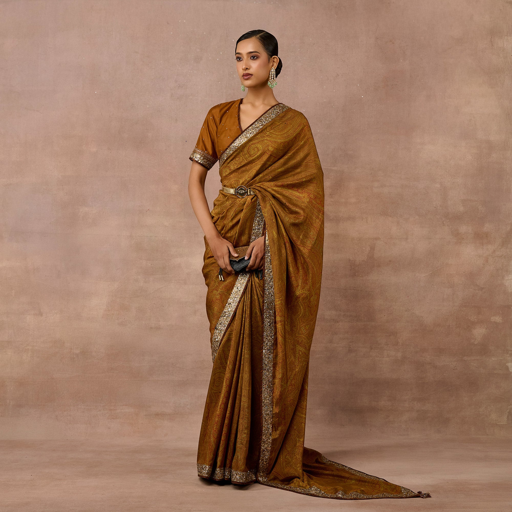 Ochre Mustard Jamawar Saree Set | EAST