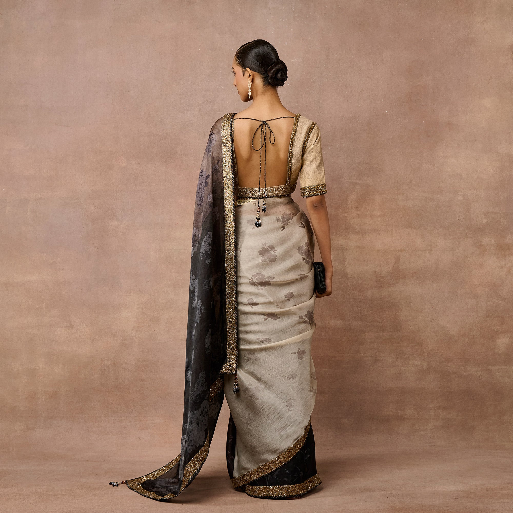 Pale Grey - Black Ombre Saree Set | EAST