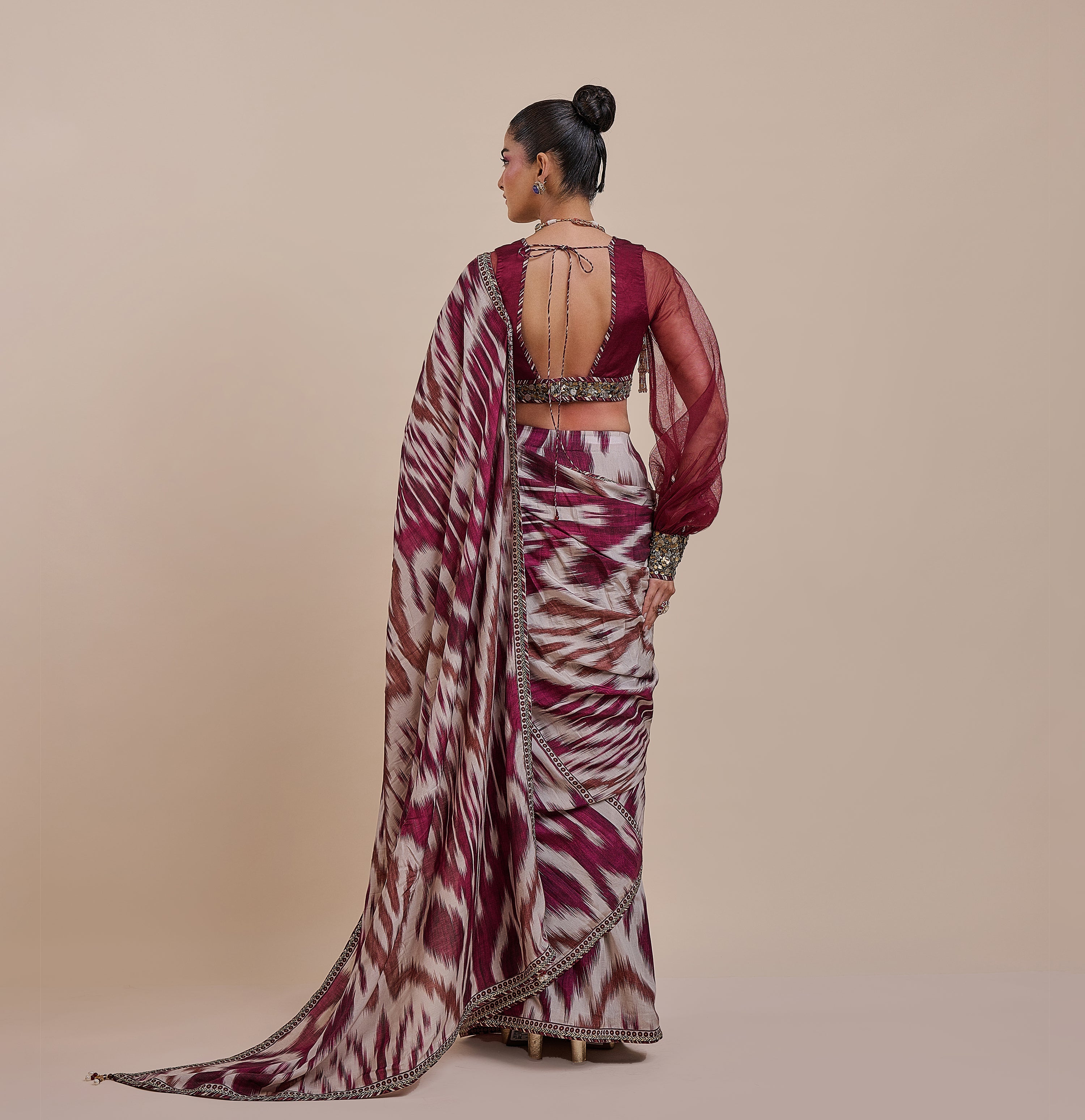 Plum Red Ikat Saree Set | ATTH