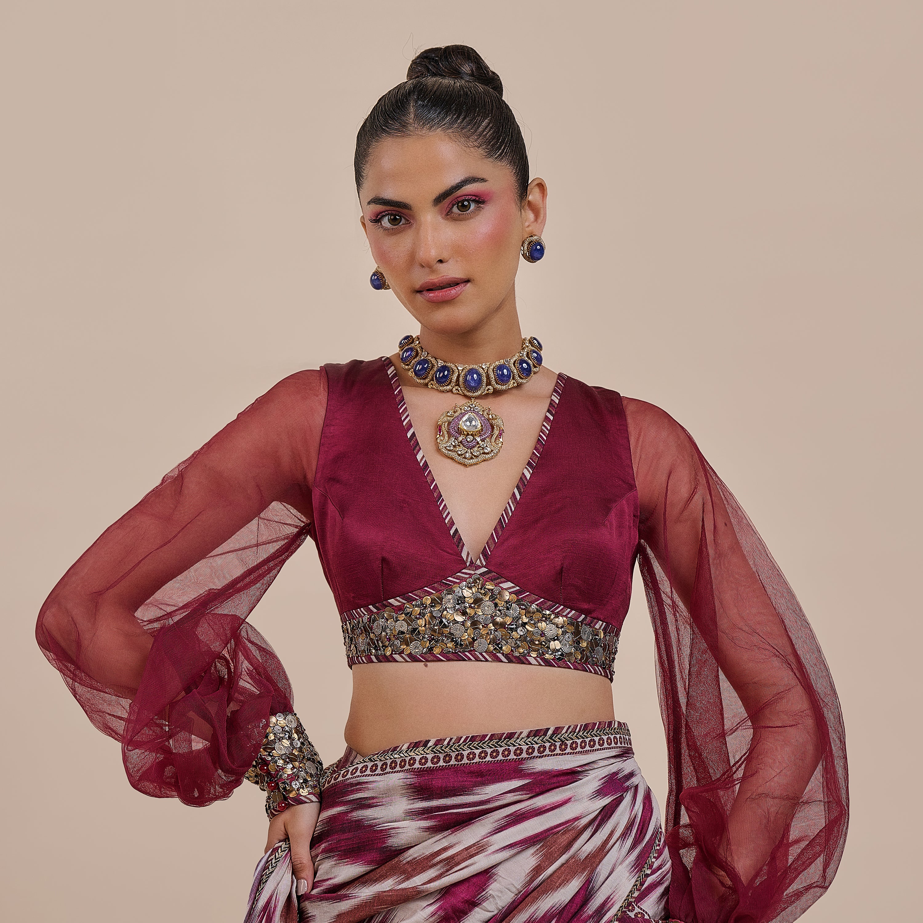 Plum Red Ikat Saree Set | ATTH