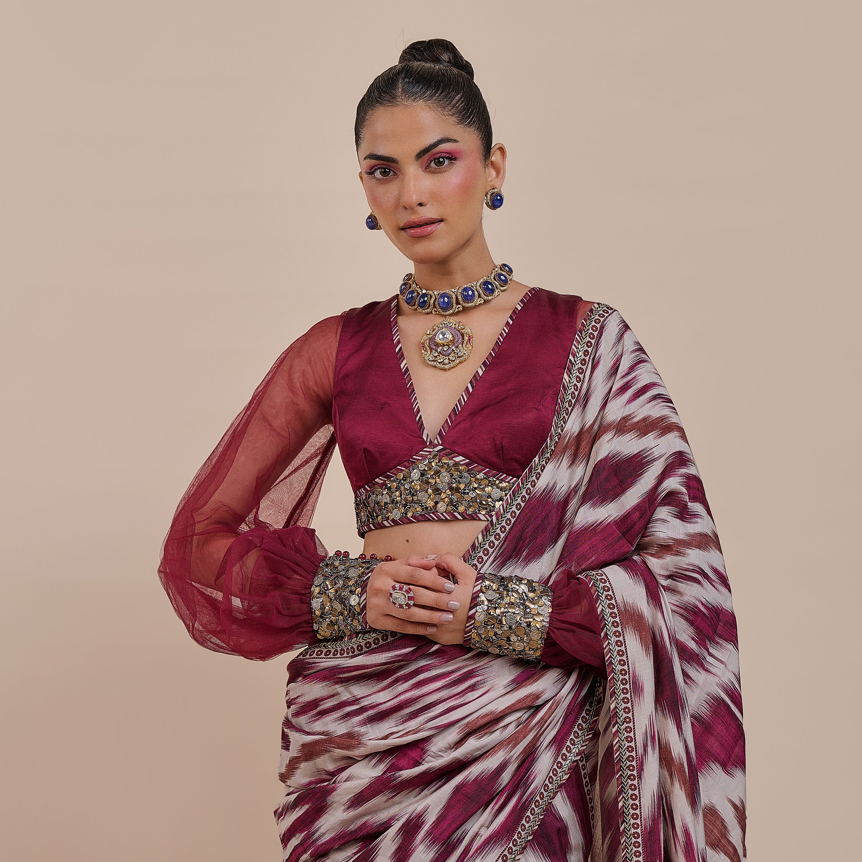 Plum Red Ikat Saree Set | ATTH