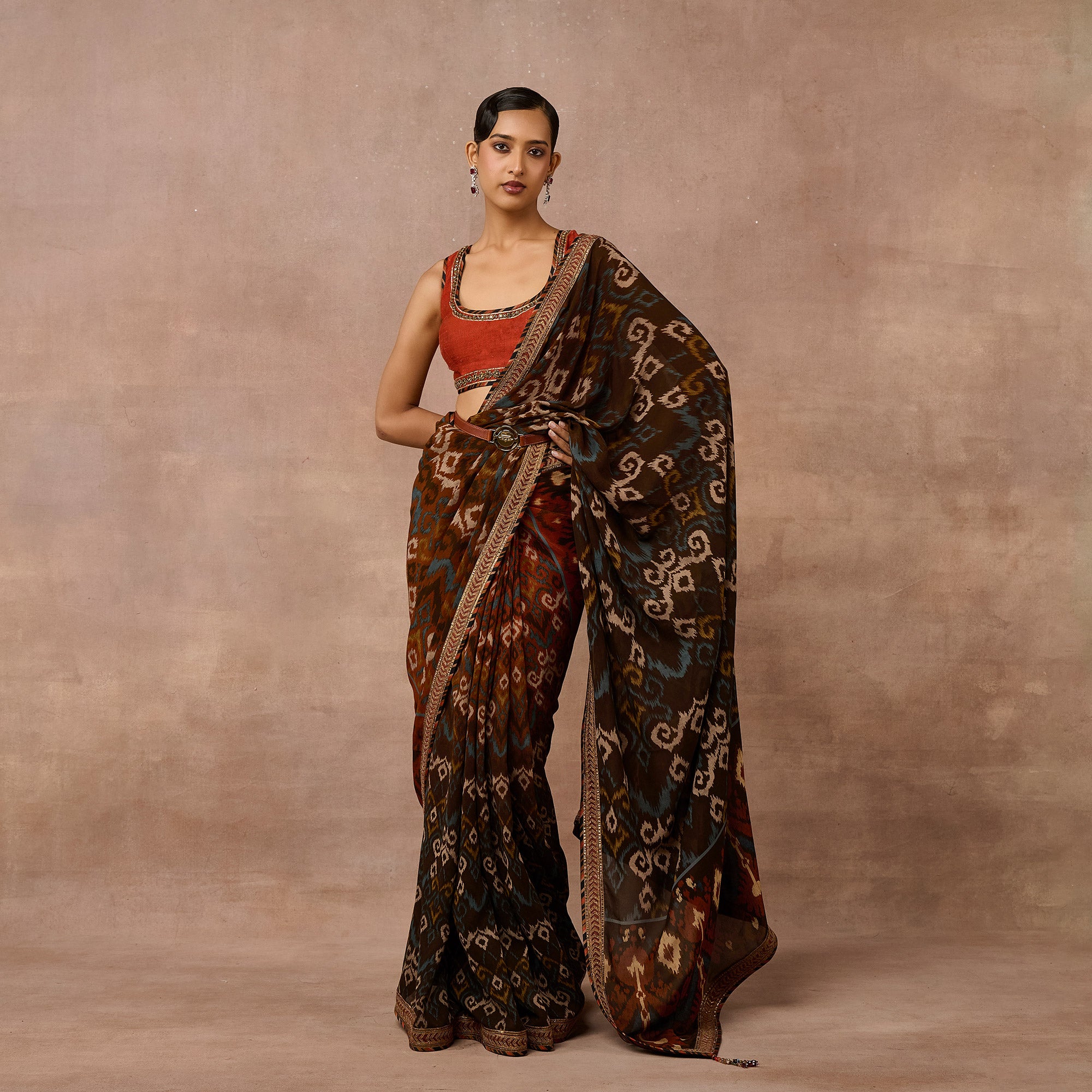 Rust Orange - Brown Saree Set | EAST