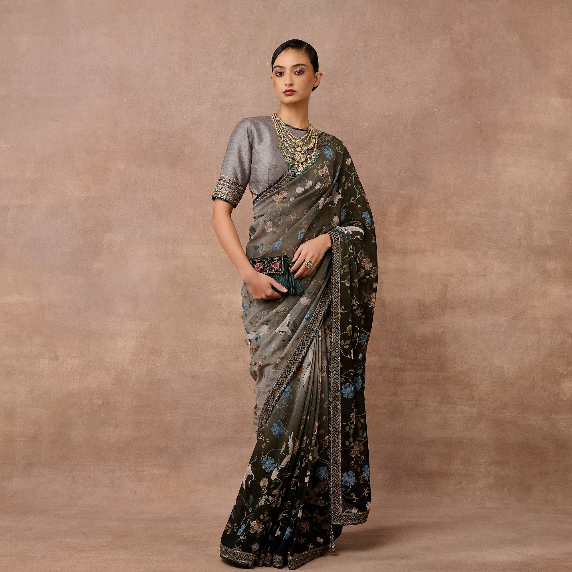 Slate Grey Ombre Saree Set | EAST