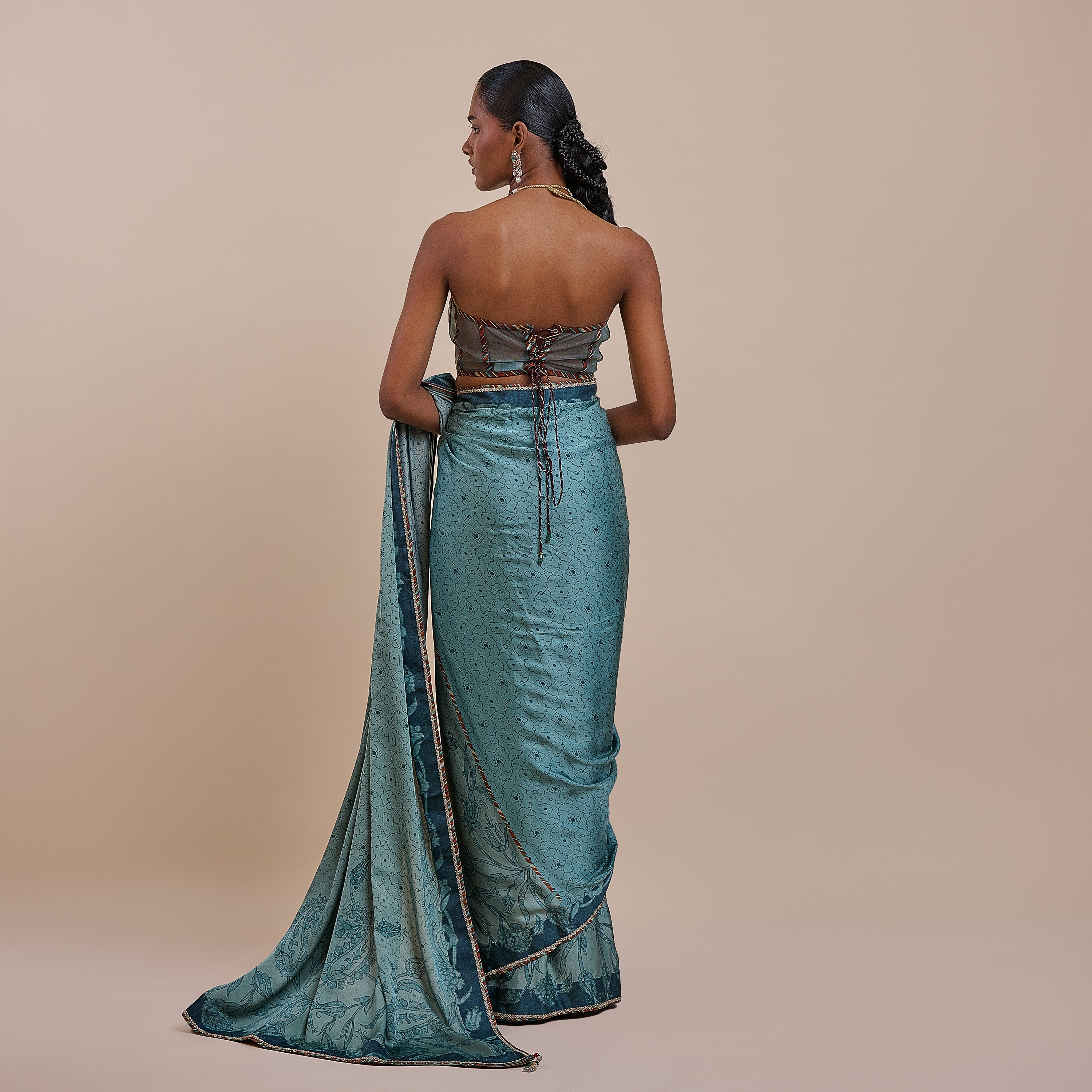 Teal Blue Corset Saree Set | ATTH