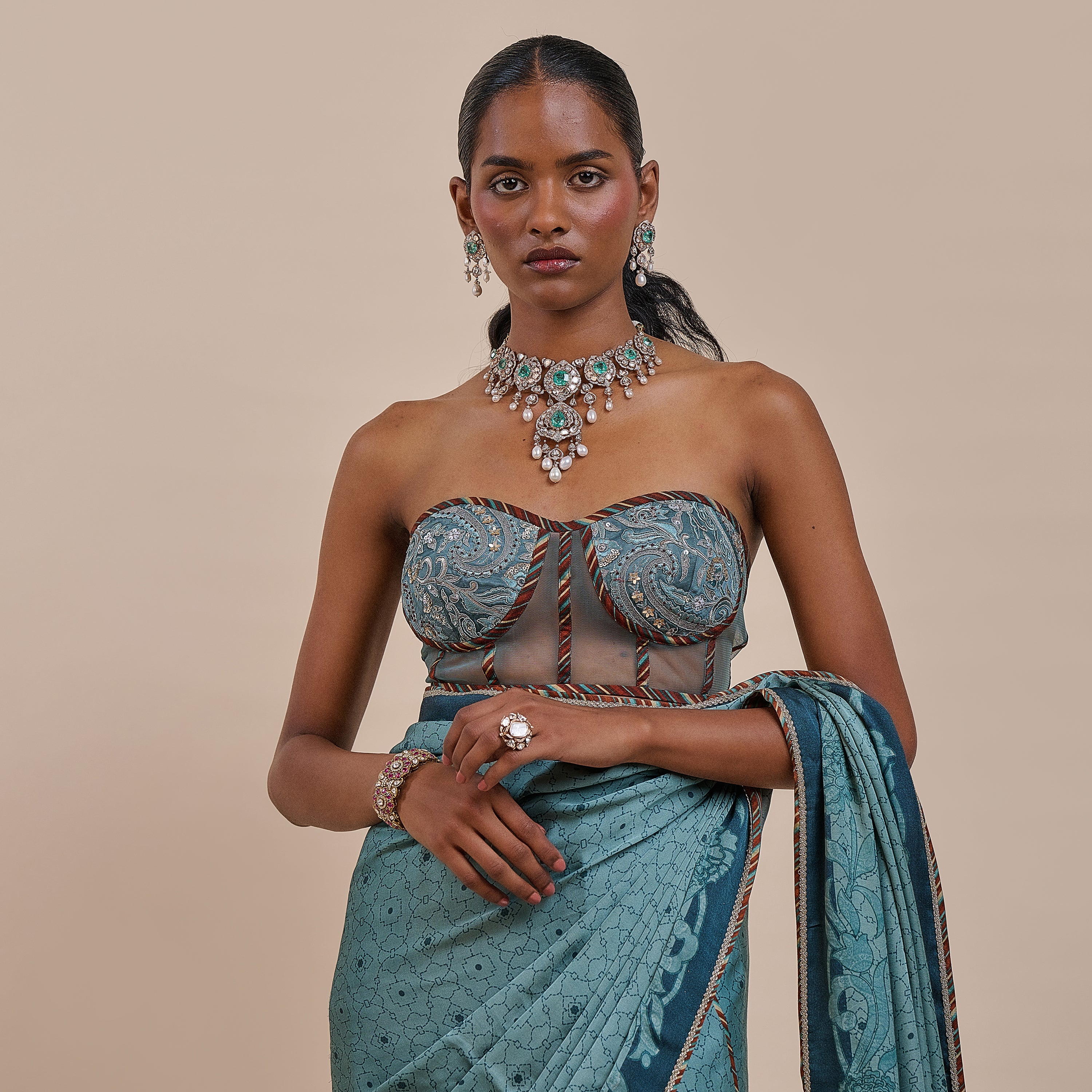 Teal Blue Corset Saree Set | ATTH