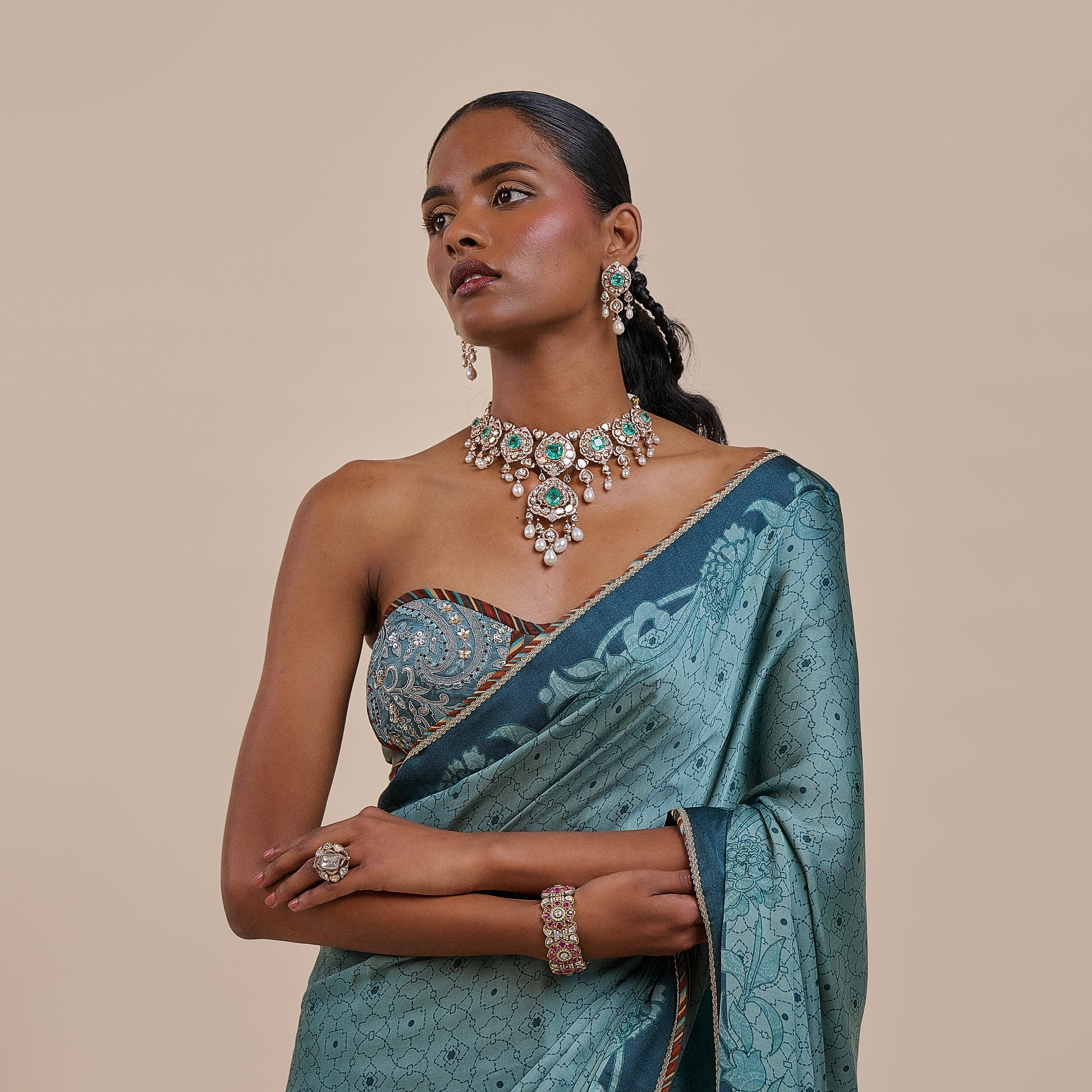 Teal Blue Corset Saree Set | ATTH