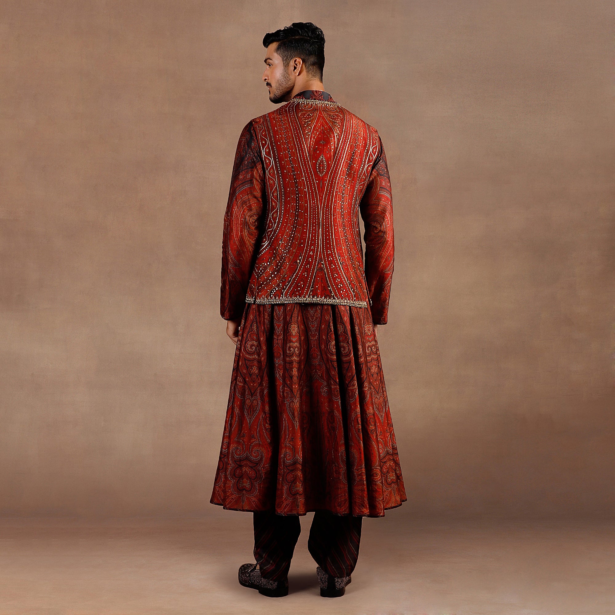 Vintage Red Jamawar Nehru Jacket Set | EAST