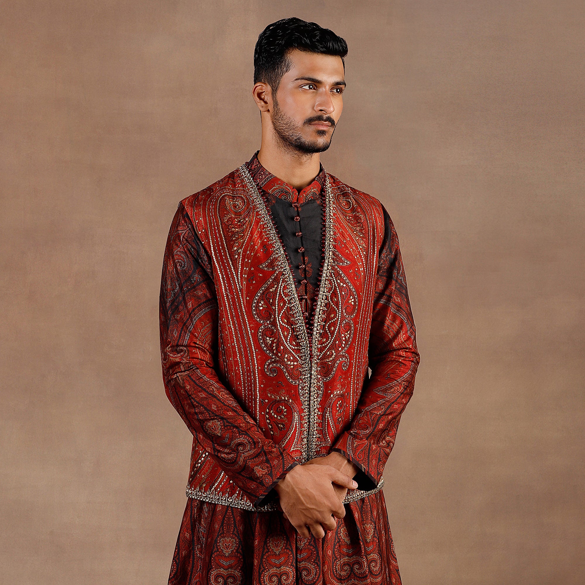Vintage Red Jamawar Nehru Jacket Set | EAST