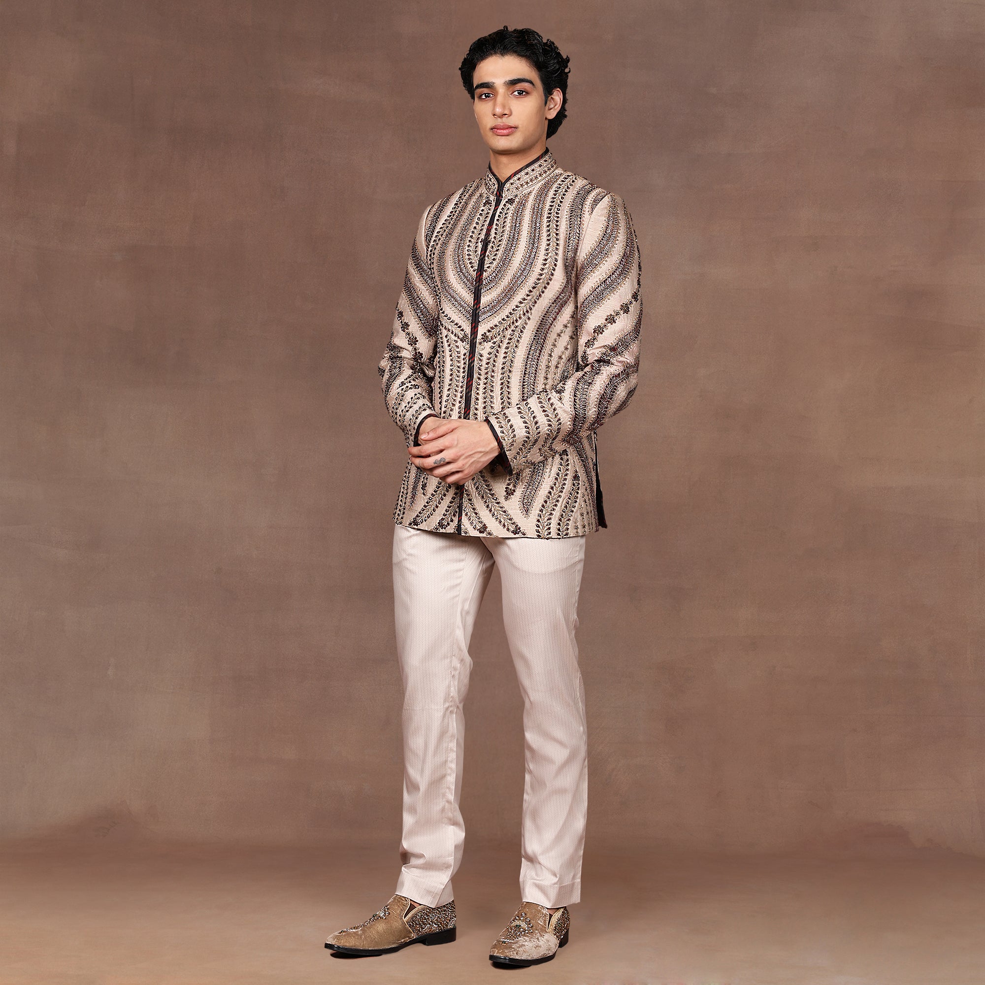 Warm Taupe - Gold Bandhgala Set | EAST