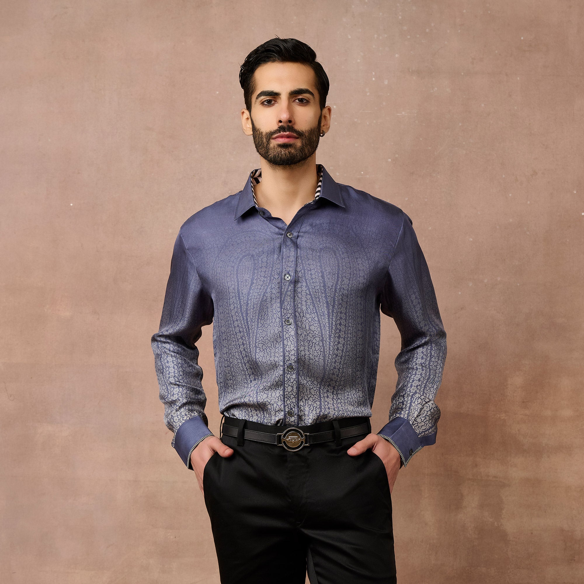 Cobalt Blue Ombre Jamawar Shirt | EAST