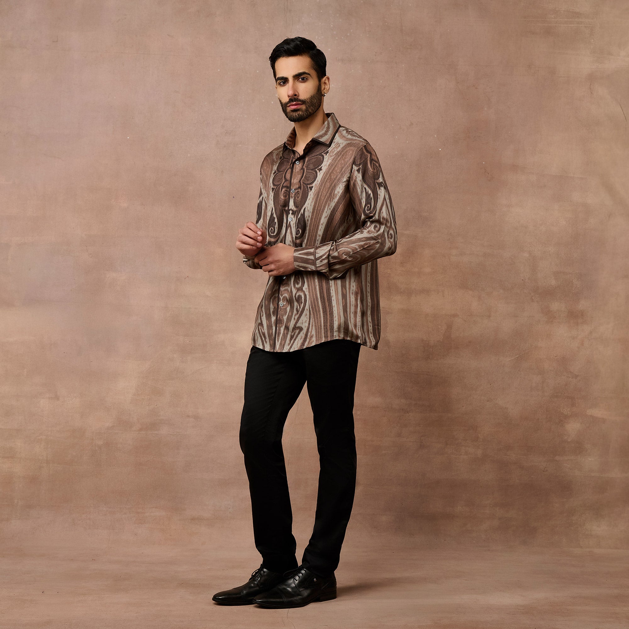 Umber Brown - Grey Jamawar Shirt | EAST