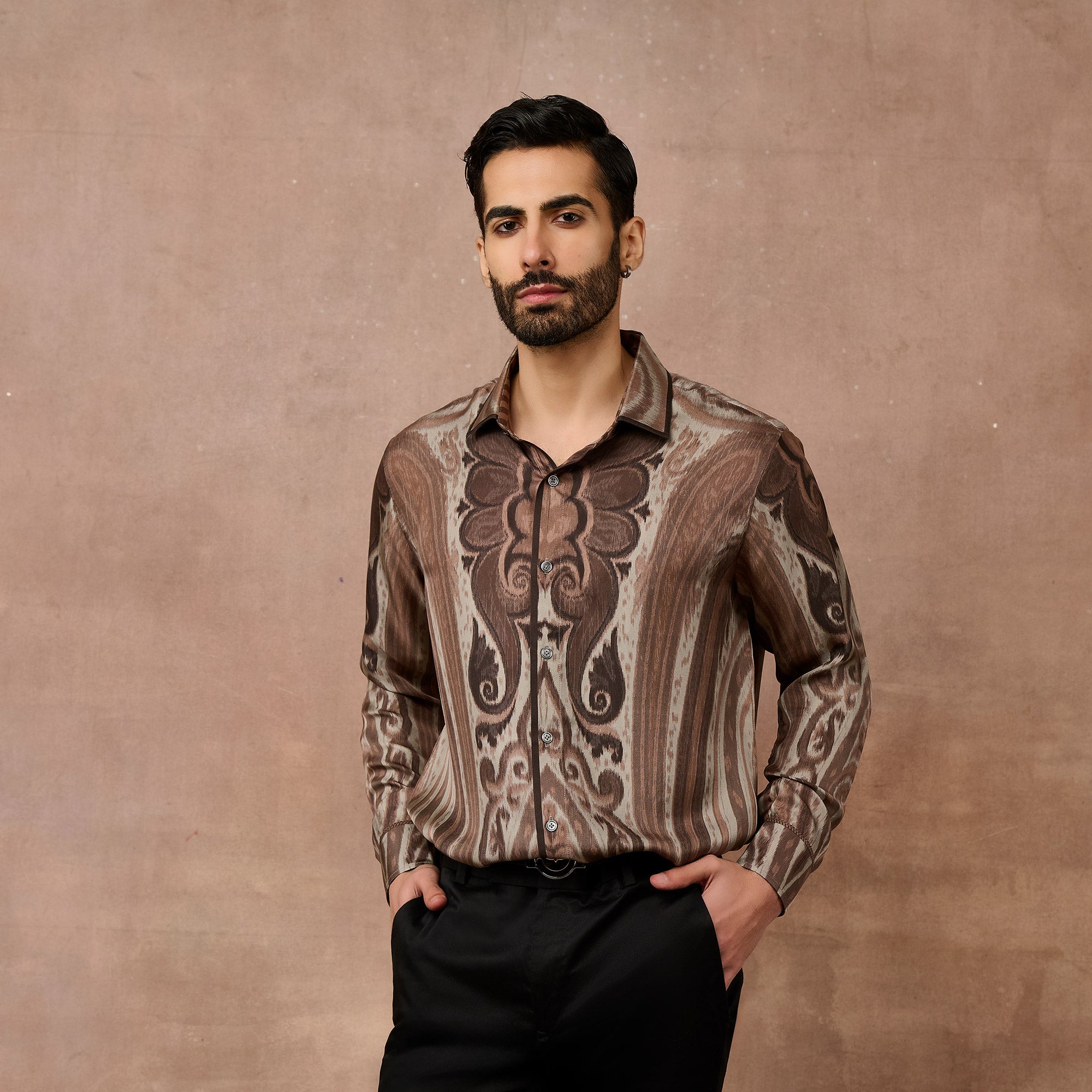 Umber Brown - Grey Jamawar Shirt | EAST