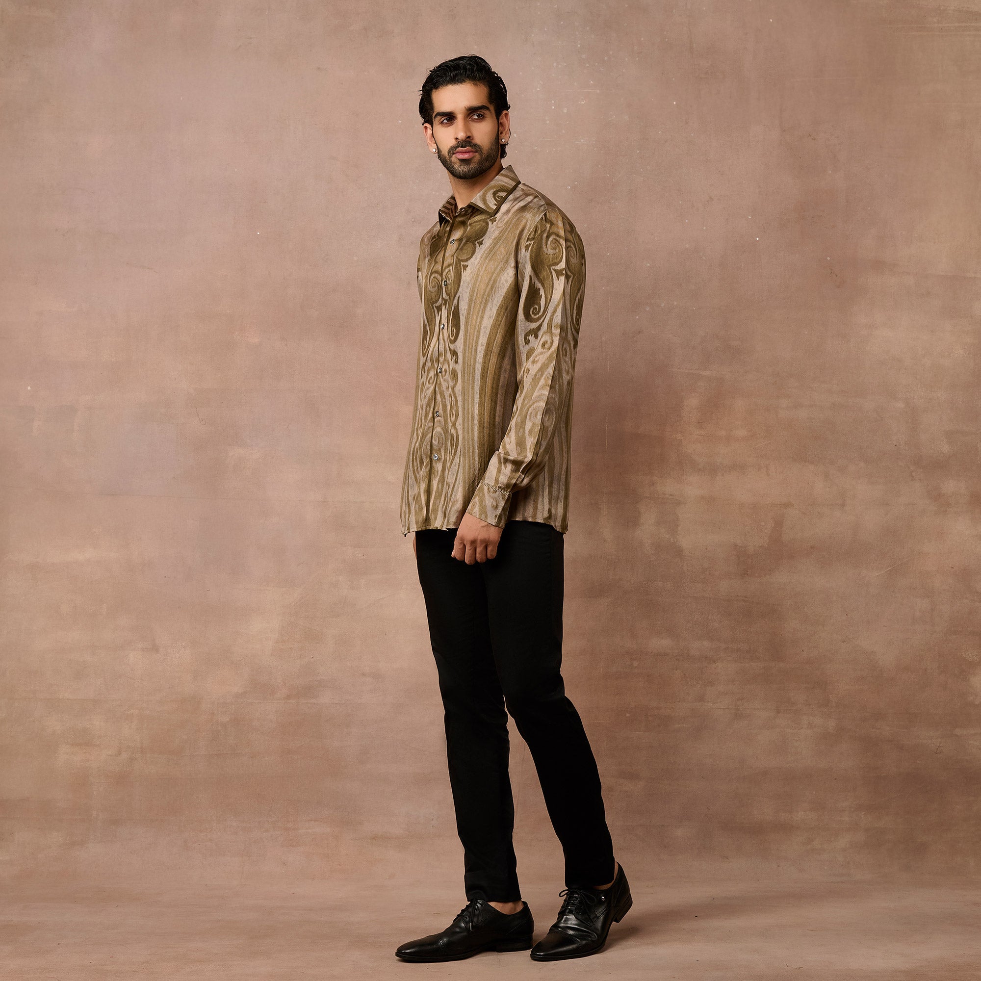Olive Green - Grey Jamawar Shirt | EAST