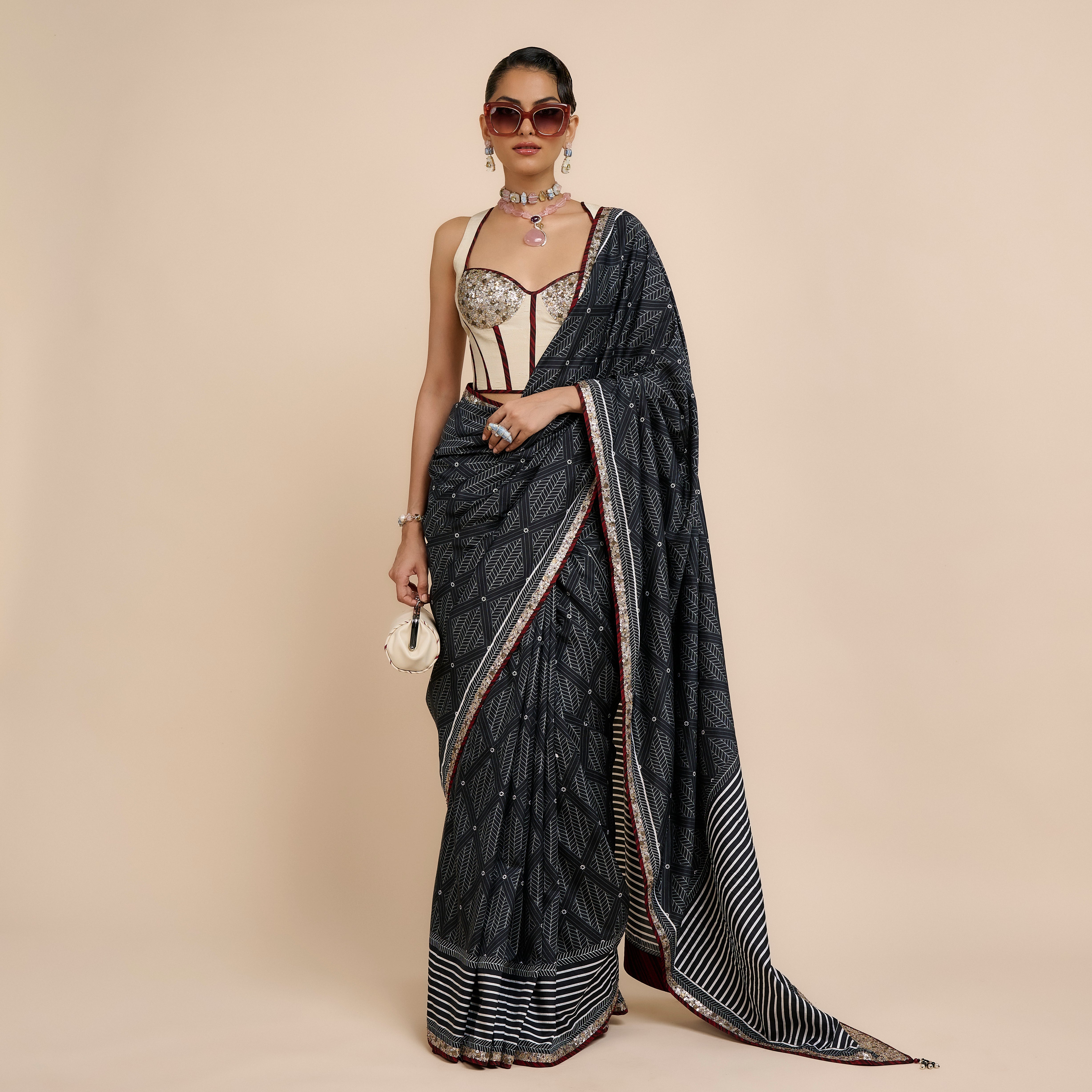 Ivory - Midnight Blue Chevron Saree Set | Nau