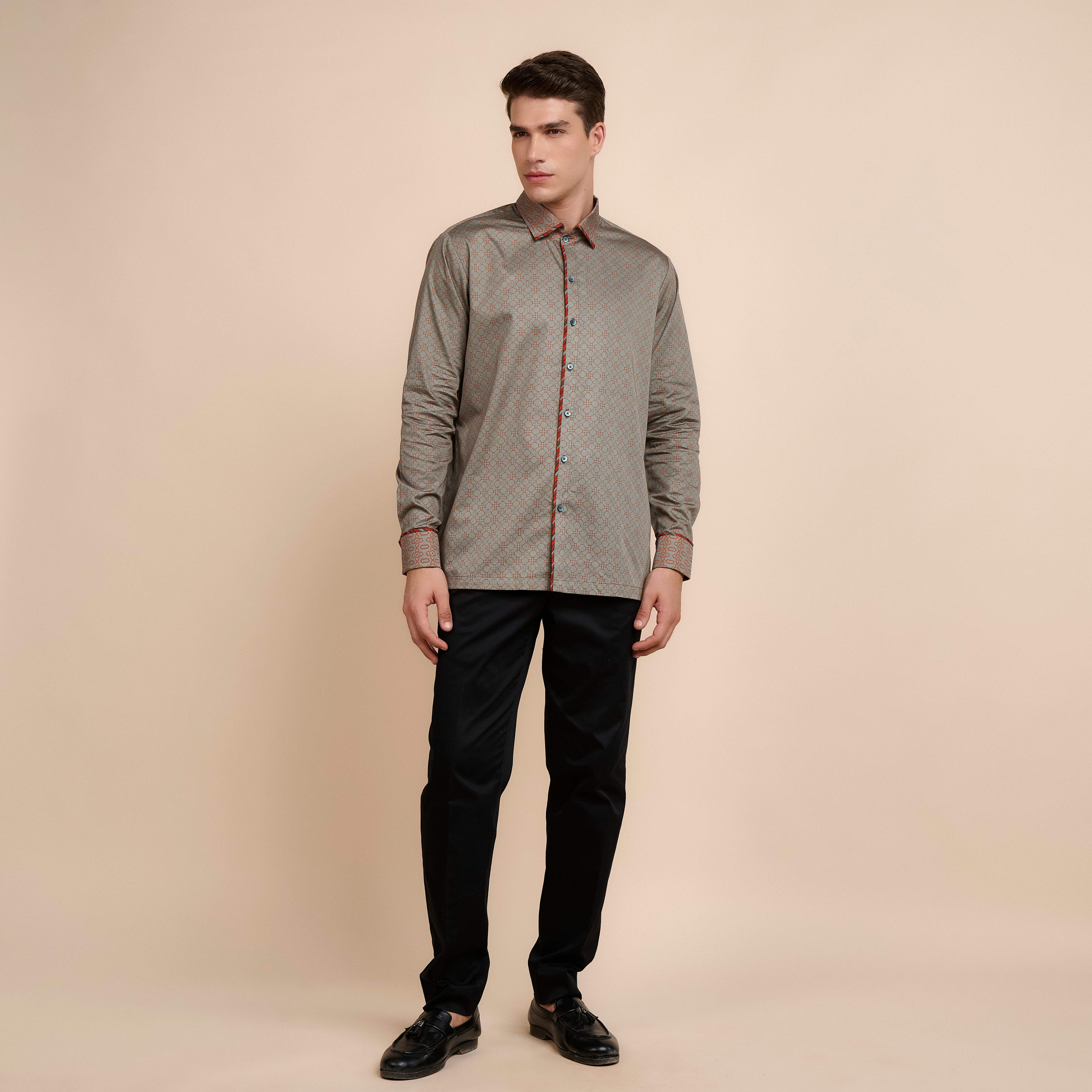 Rust Orange - Grey Printed Shirt