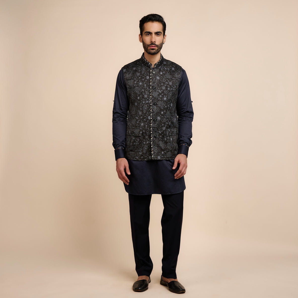 Noir Printed Nehru Jacket | Festive Edit