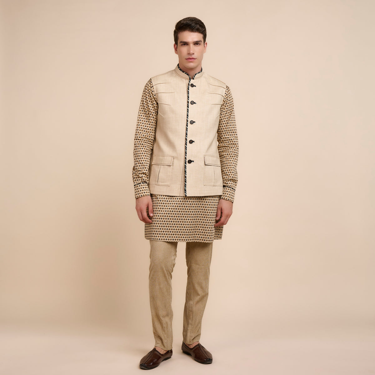Beige Nehru Jacket | Festive Edit