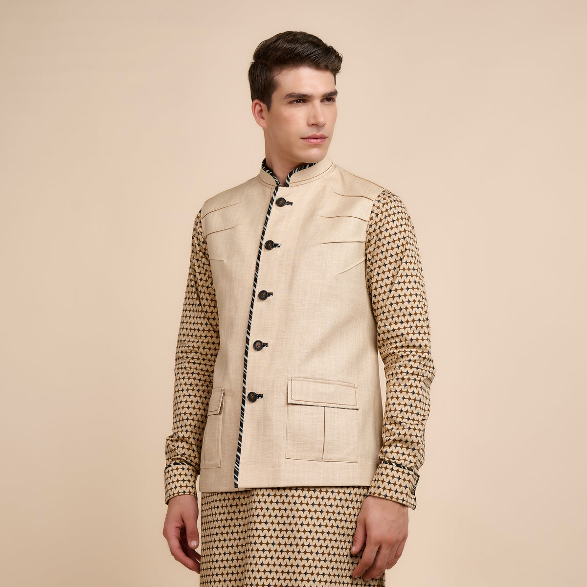 Beige Nehru Jacket | Festive Edit