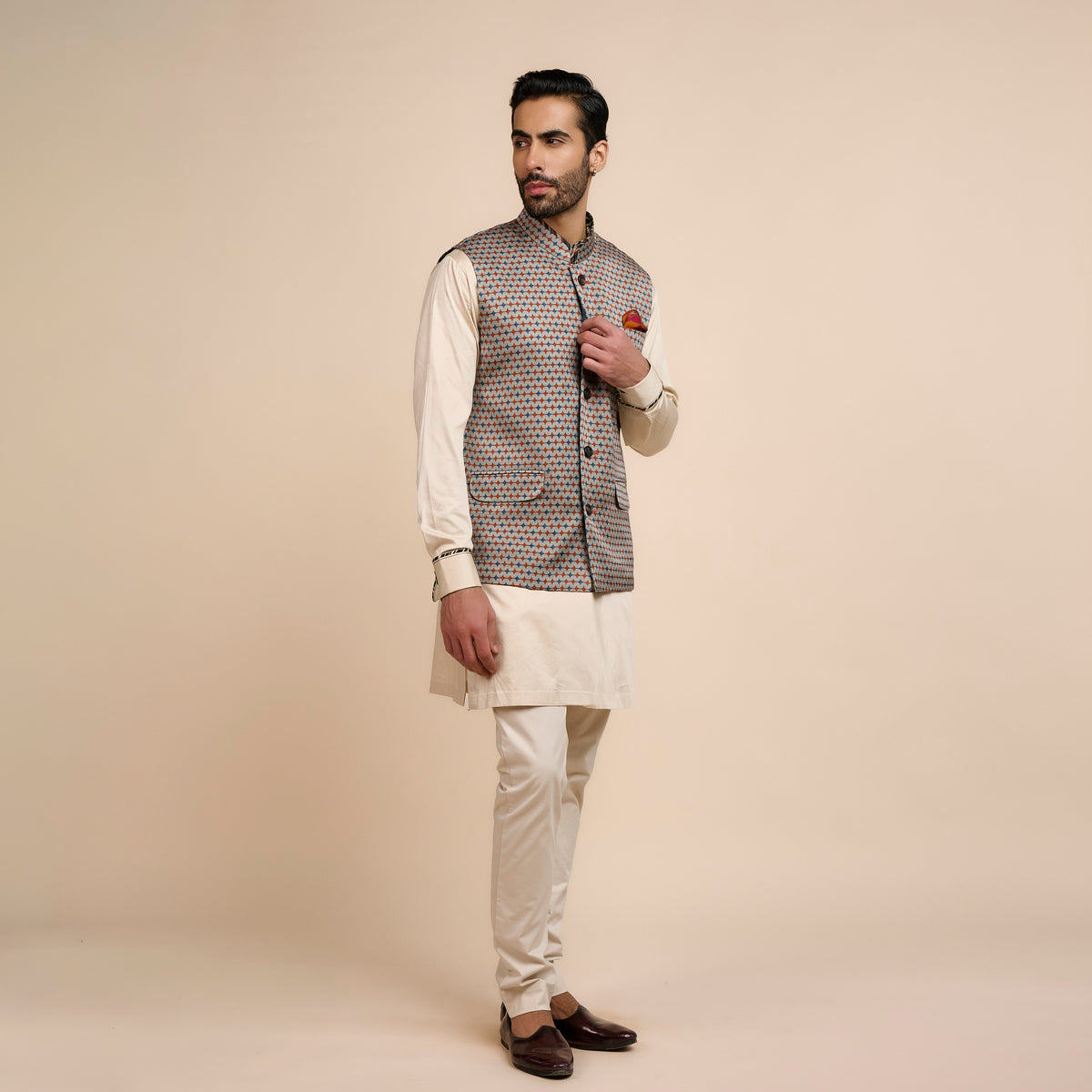 Printed Ivory Nehru Jacket | Festive Edit