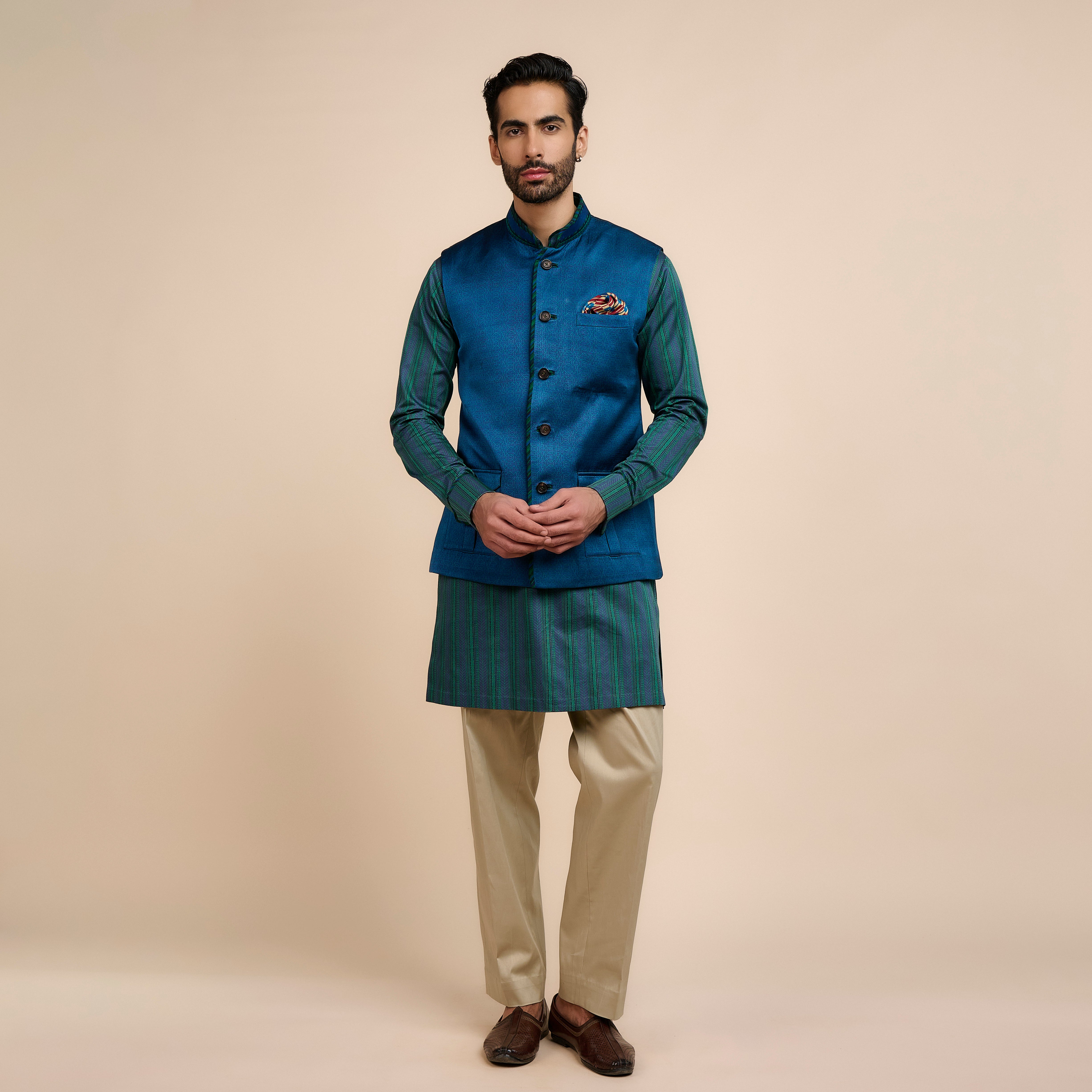 Navy Blue Printed Nehru Jacket | Nau