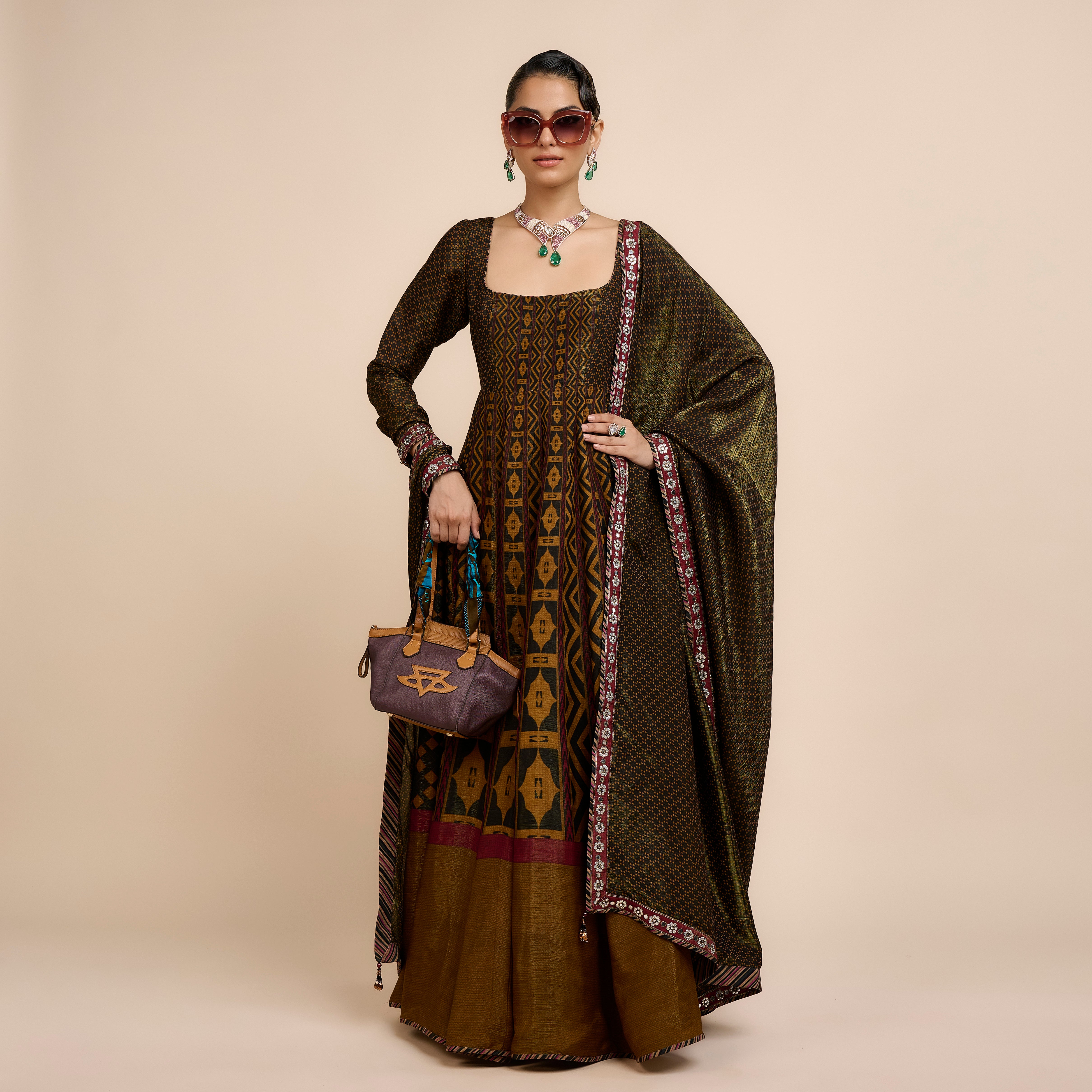 Metallic Ochre Anarkali | Nau
